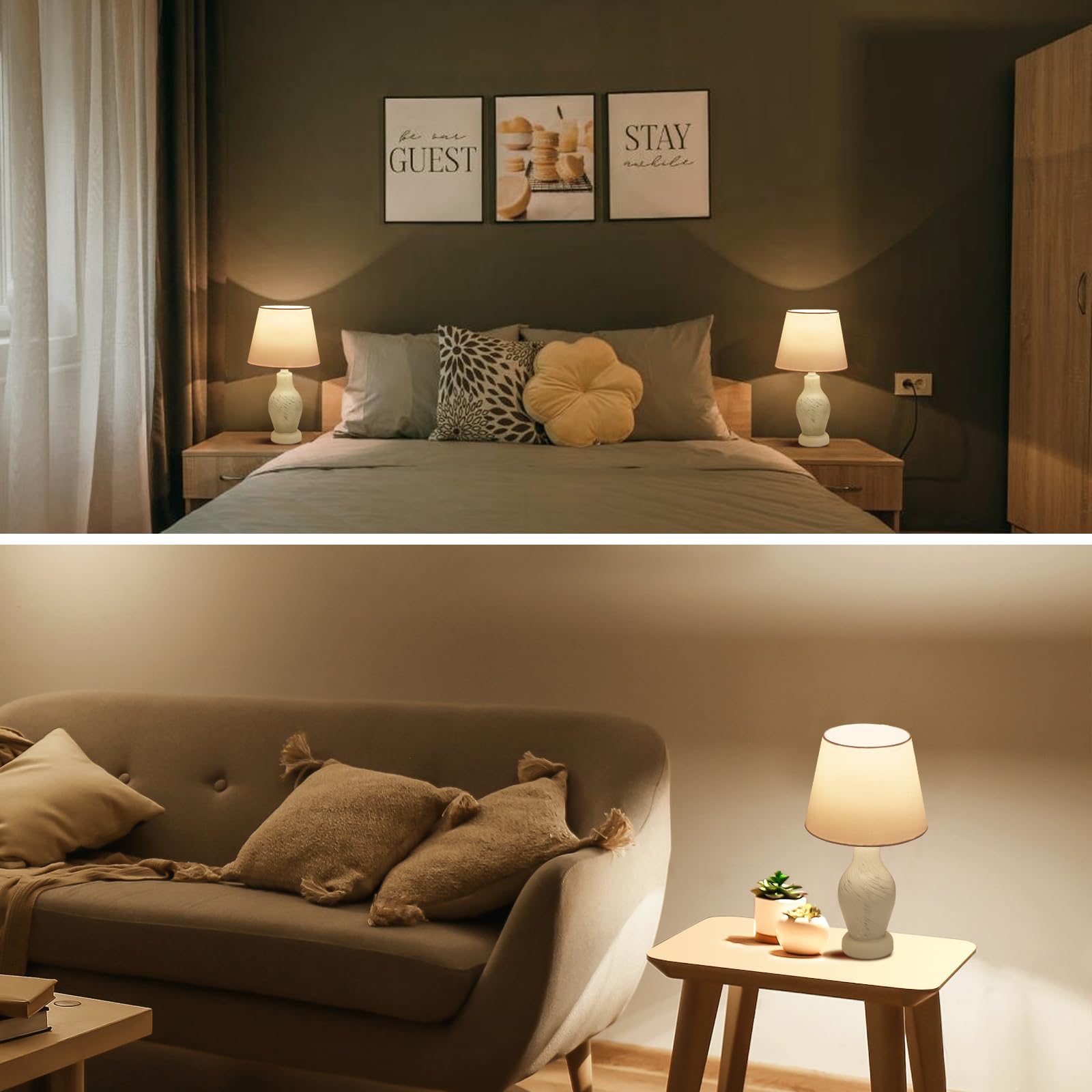 ONEWISH Modern Table Lamp, 14in White, Fabric, Includes 3000K Bulb, Small Bedside Nightstand Lamp, Model 13TAB079