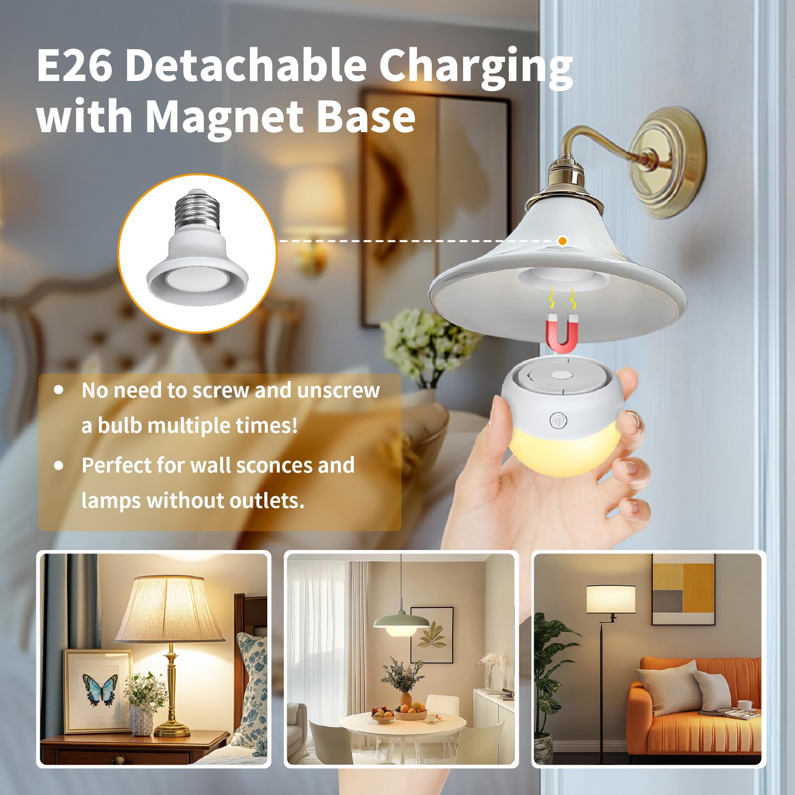 Histar Rechargeable Light Bulbs For Sconce And Lamp, E26 Battery Operated Light Bulb With Remote, Rgb, Timer, Dimmable, 3 Color