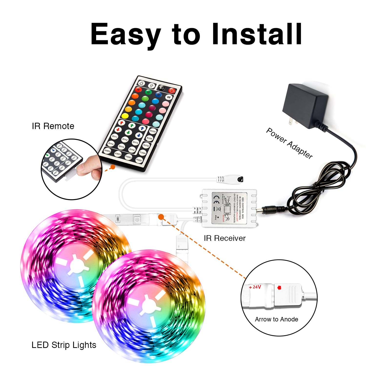 Dalattin Led Lights For Bedroom 130Ft Rgb Led Strip Lights Color Changing Kit With 44 Keys Remote Controller And 24V Power Suppl