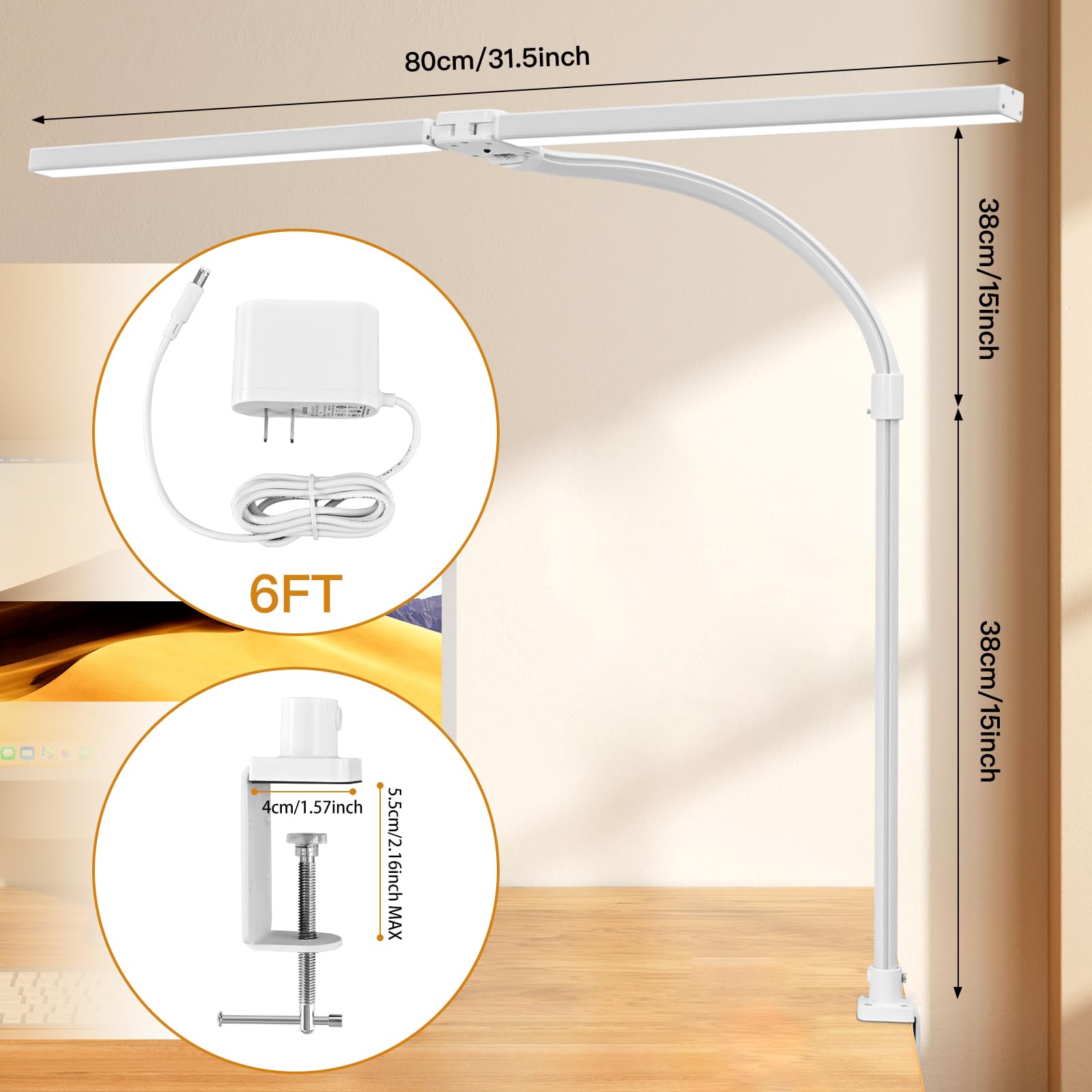 MACASA Double Head LED Desk Lamp with Remote Control, 24W Brightest, Clamp Size, White, Model S01-White