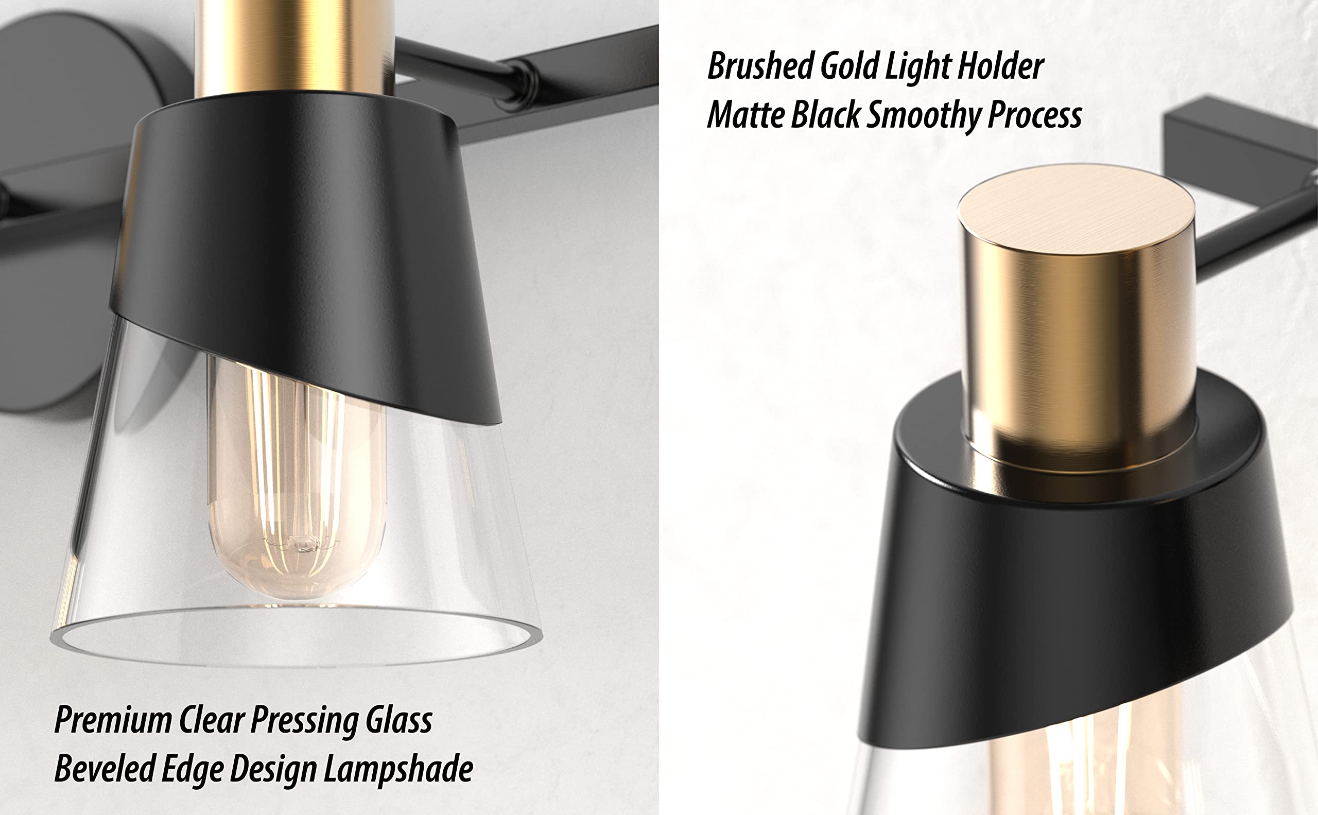 Ursola Bathroom Light Fixtures, 4 Lights Bathroom Lighting Fixtures Over Mirror, 28.34 Inch Black And Gold Design With Bevelled Edge And Clear Glass Shade Wall Lamp