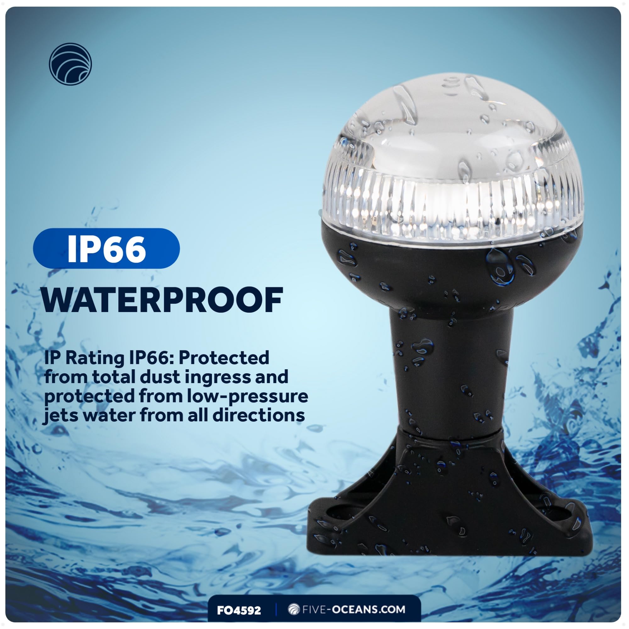 Five Oceans Boat Anchor Light, 12V DC, USCG 2NM Certified, 4-Inch LED, ABS Plastic Base, Fixed Mount, for Pontoon & Fishing Boats
