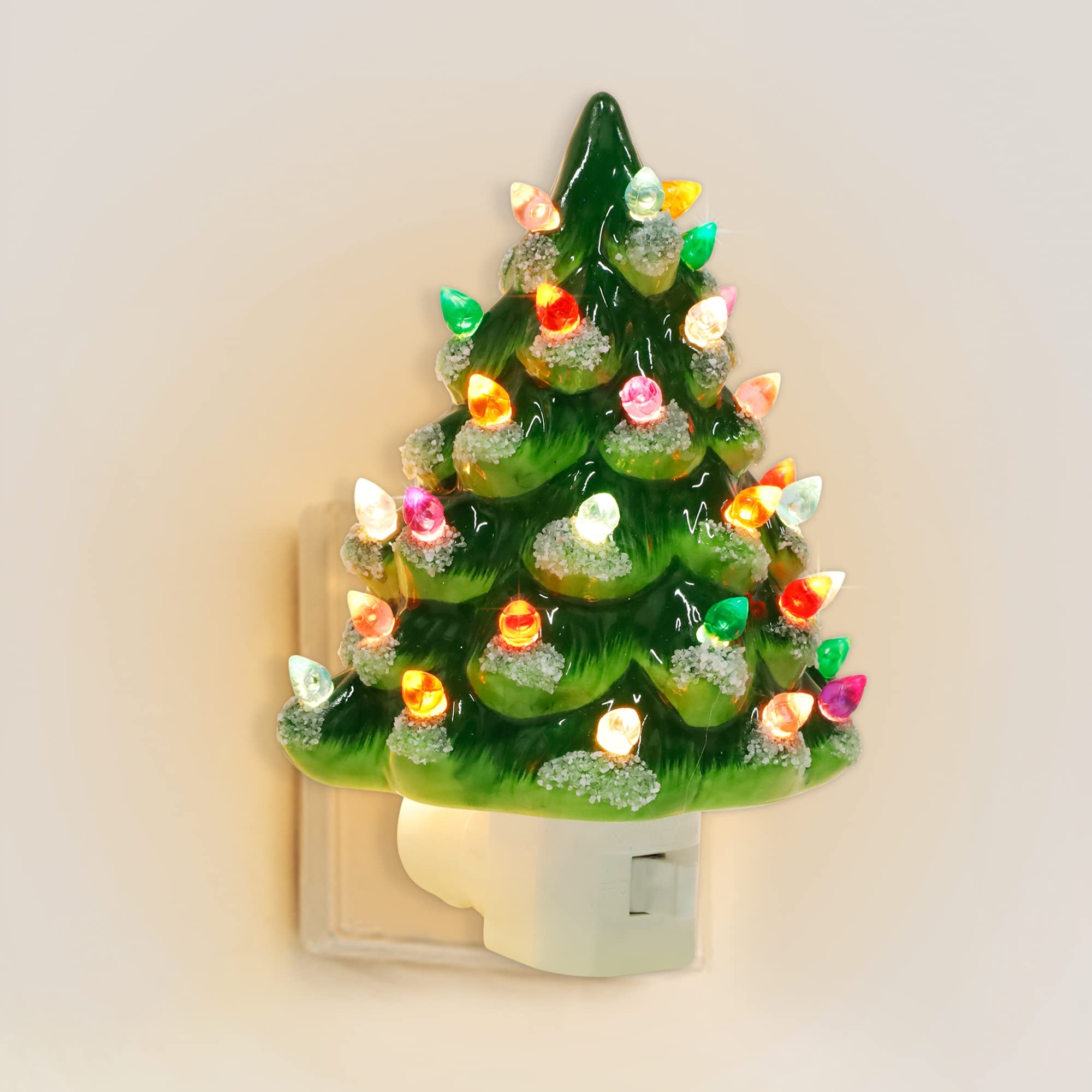 Blissun Ceramic Christmas Tree Night Light, 6-Inch Decor with Multicolor Bulbs & 360 Swivel Plug, On/Off Switch for Bedroom, Bat