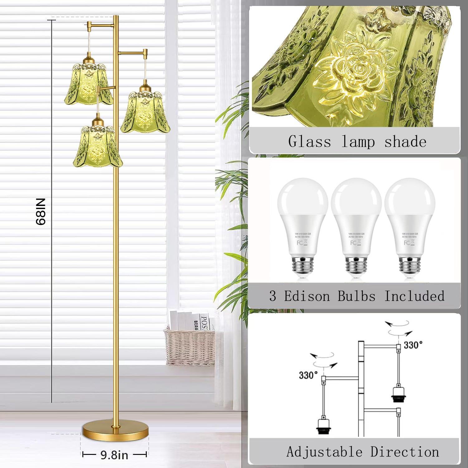 ILLMTW Glass Floor Lamp, 3 Light Brass Tree Design, Gold, Tall 4-Floor Lamp, Vintage Retro Style with Green Flower Shade