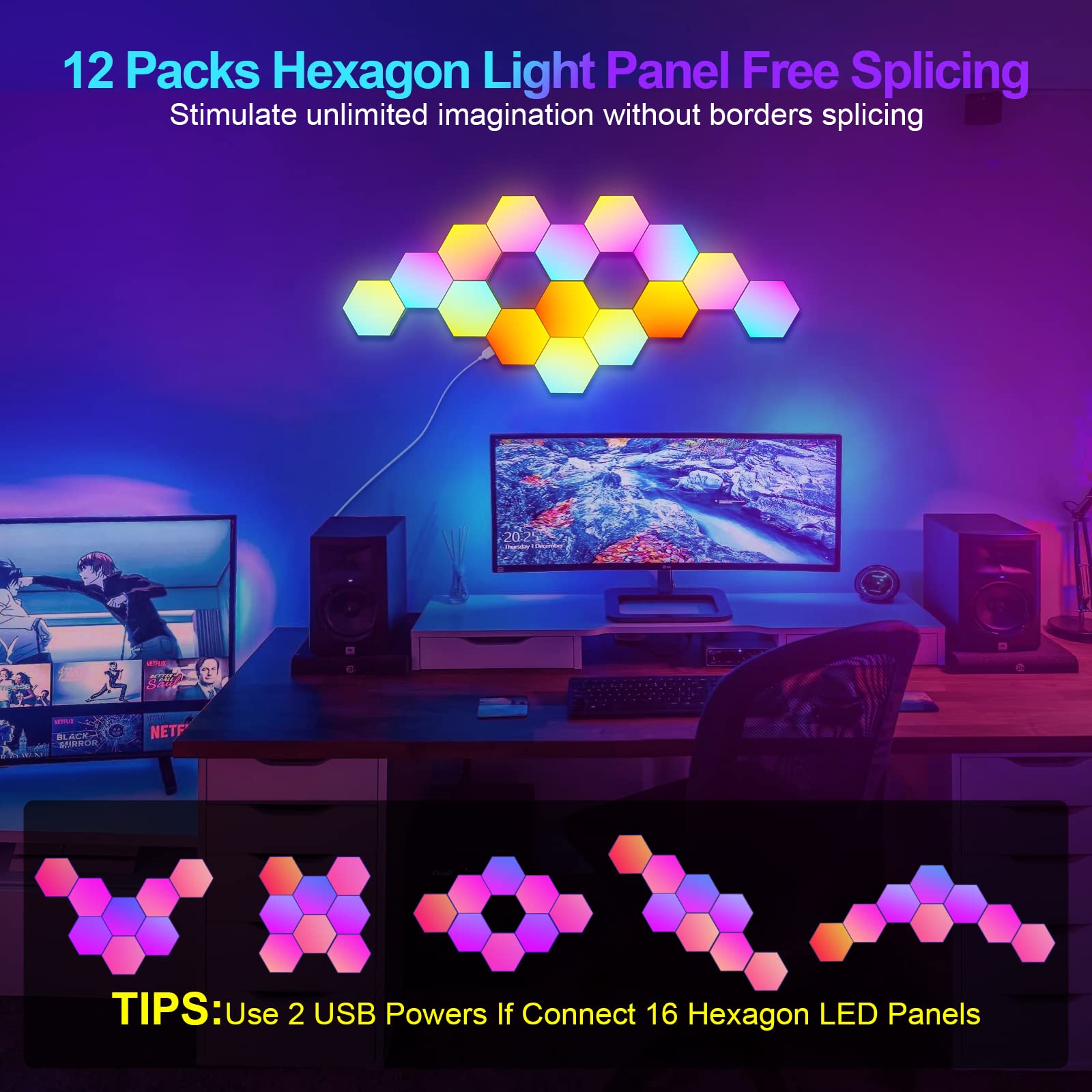Jimimoro 12 Pack Hexagon Light Panels - Smart Rgb Hexagon Led Lights Wall Lights With App & Remote Control Cool Music Sync Gamin