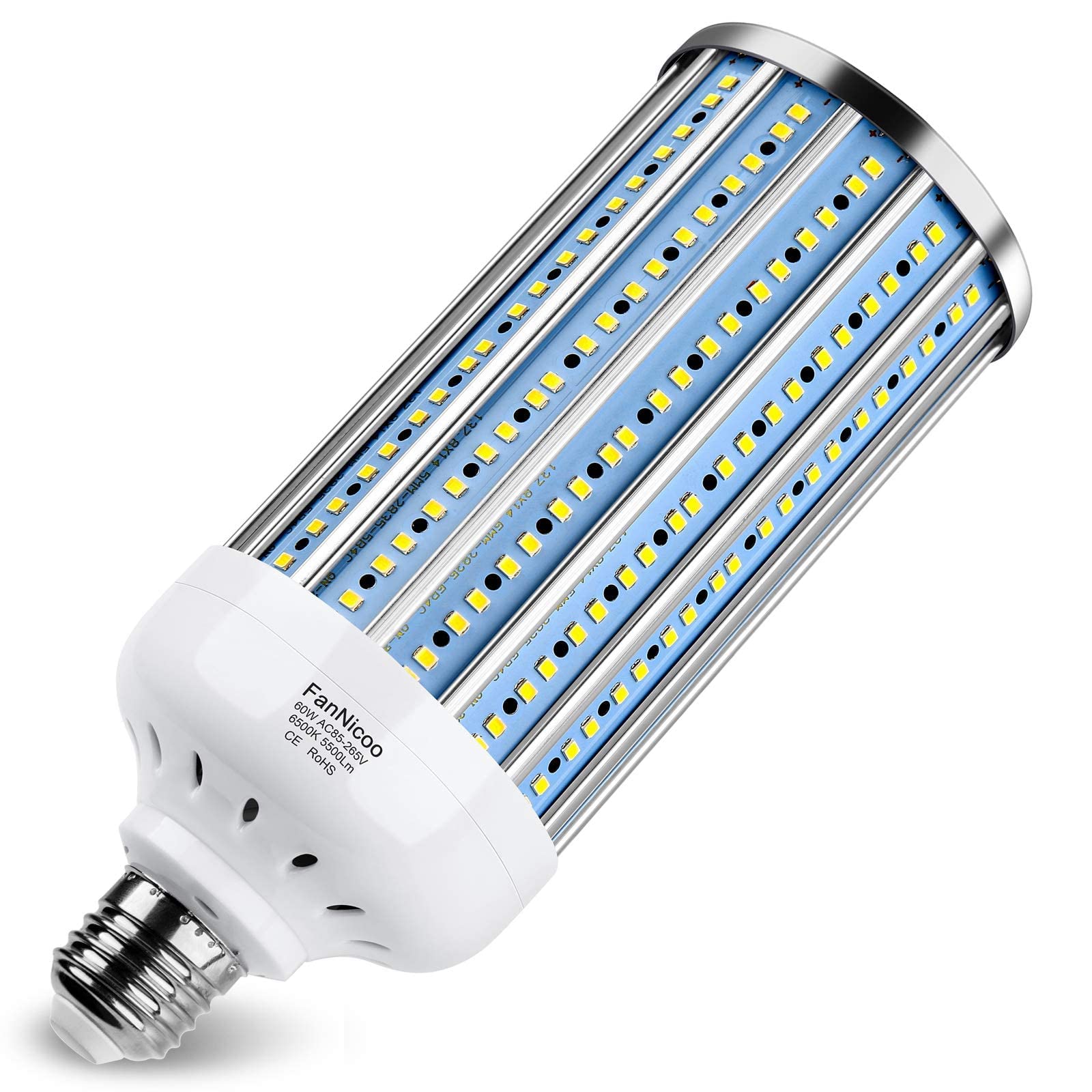 Fannicoo 60W Led Light Bulb 500W Equivalent Led Corn Light Bulb 5500Lumen 6500K Cool Daylight White E26/E27 Base Bulb Large Area