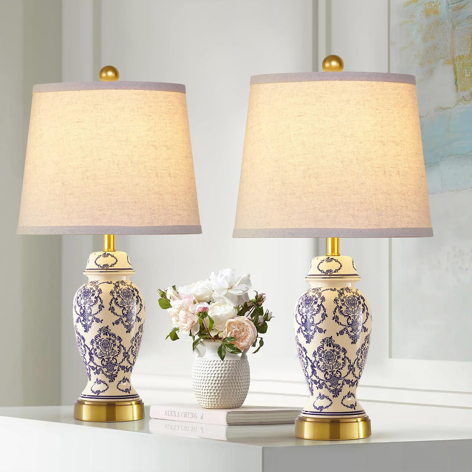 RORIANO Chinoiserie Ceramic Small Table Lamps Set of 2 for Living Room Bedroom Bedside  Traditional Beige and Blue Porcelain Classic Table Lamp for Nightstand Entryway  2 LED Bulbs Included