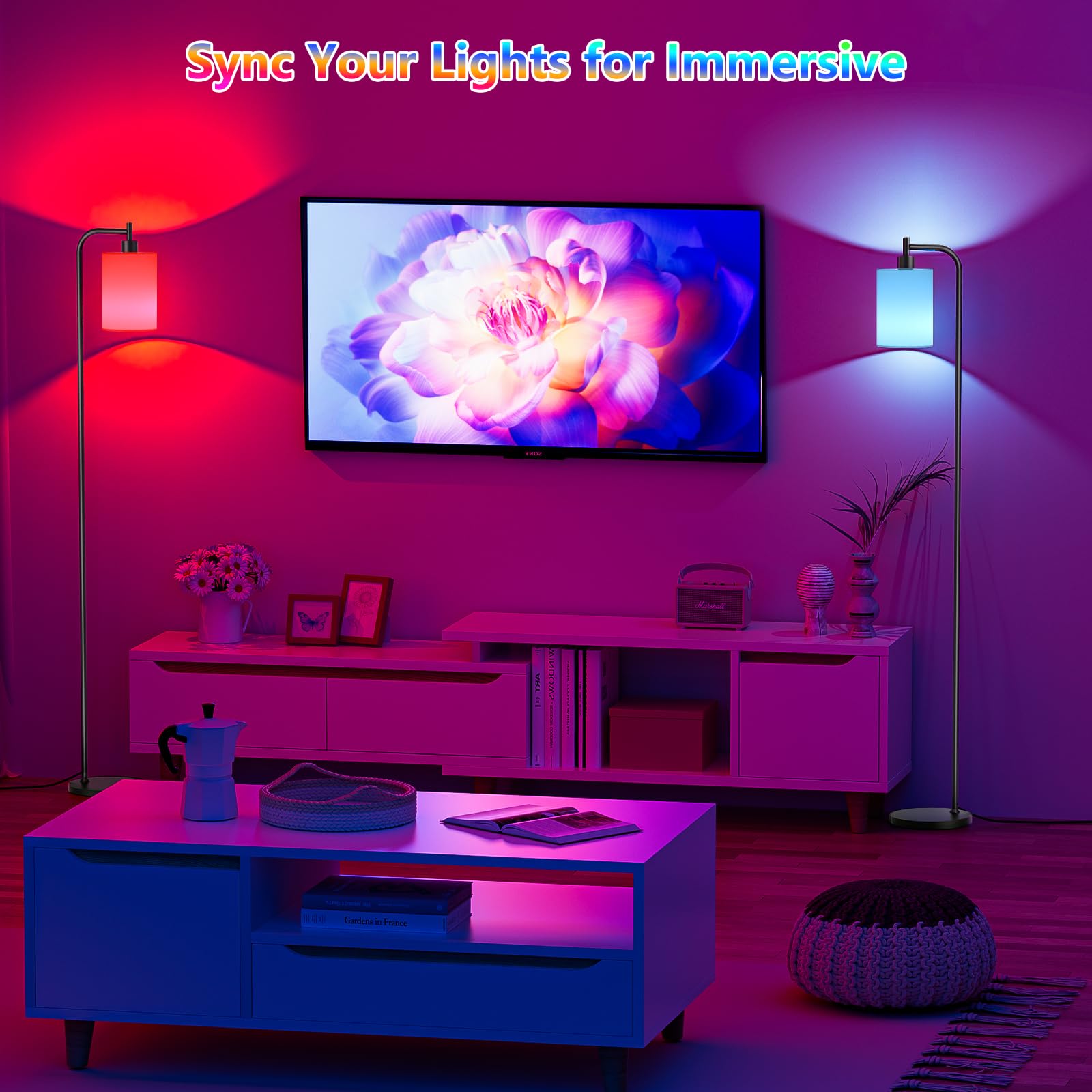 SIBRILLE RGB Floor Lamp, Dimmable with Remote Control, Linen Shade, Model BP-F072, Color Changing, White(RGB)