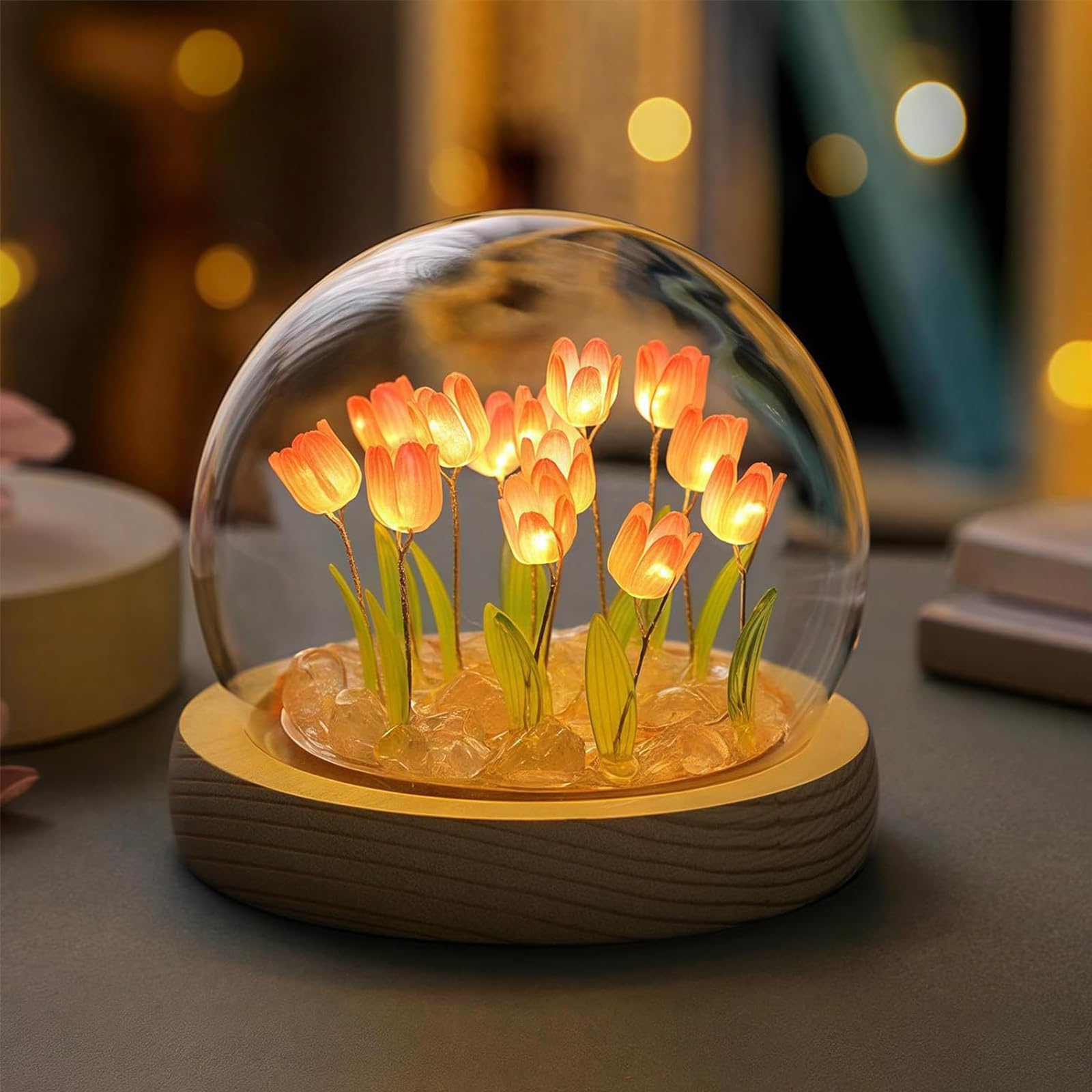 Tulip Night Light Cordless  Birthday Flower Gifts For Her - Small Flower Lamp With Glass Cover  Wooden Base And Gift Bag -Cute Romantic Home Decor For Mom  Grandmother  Wife  Girlfriend  Sister  Women
