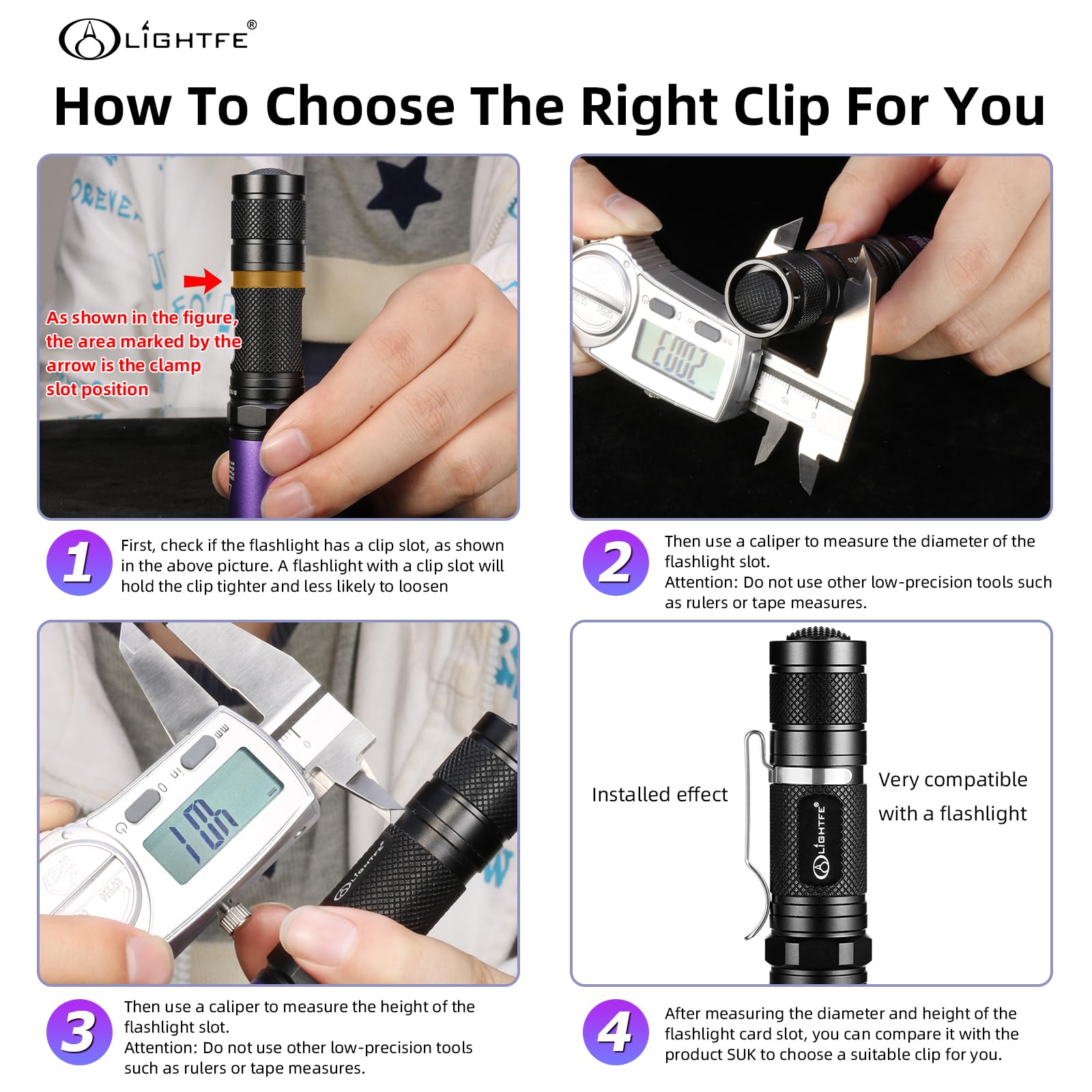 LIGHTFE Flashlight Clip B119 - Stainless Steel, 11-12mm Diameter, 35.6mm Size, Ideal for Hat, Pocket, or Bag Use