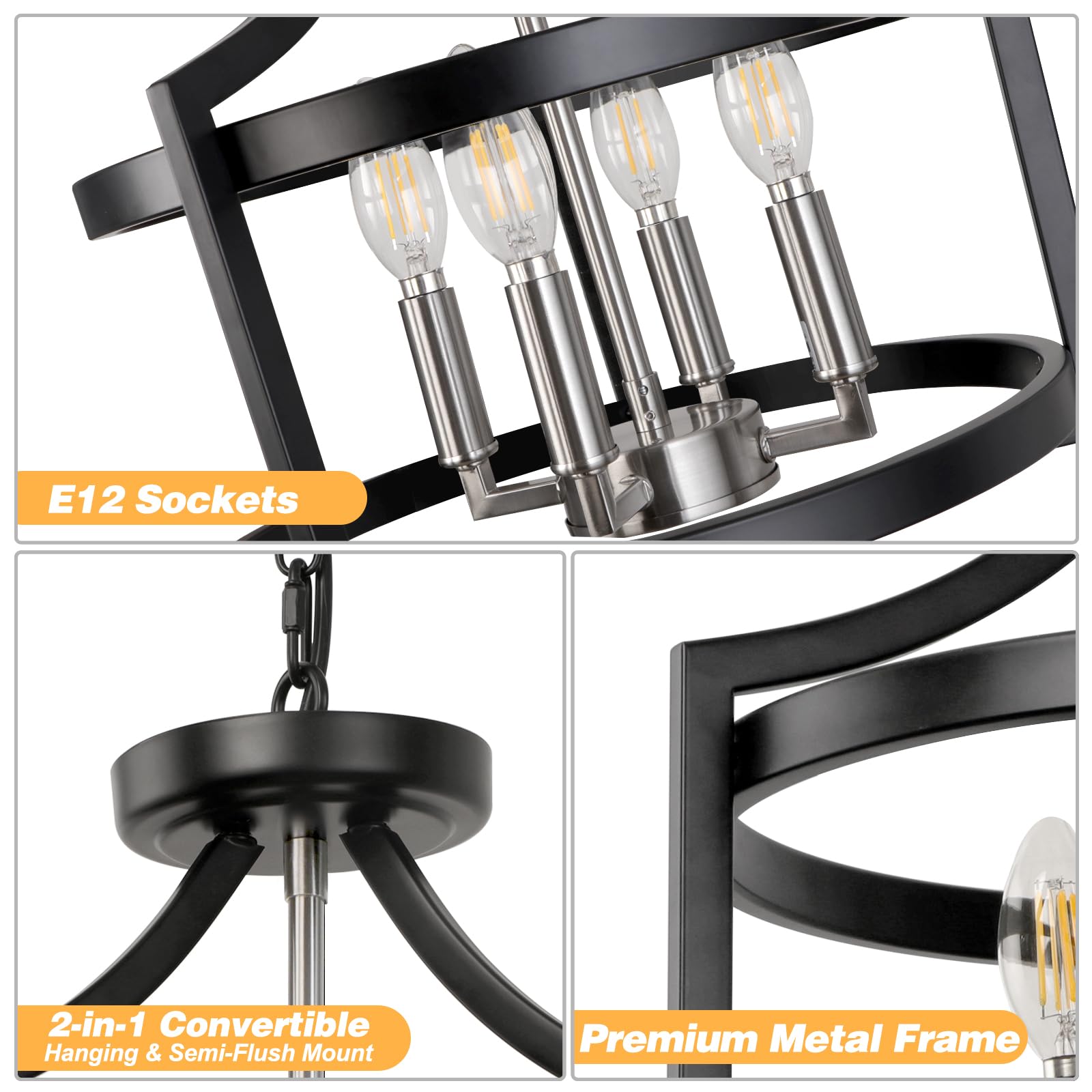 Lynpon Black And Brushed Nickel Chandelier 4 Lights, Modern Farmhouse Convertible Semi Flush Mount Ceiling Light, Rustic Round C