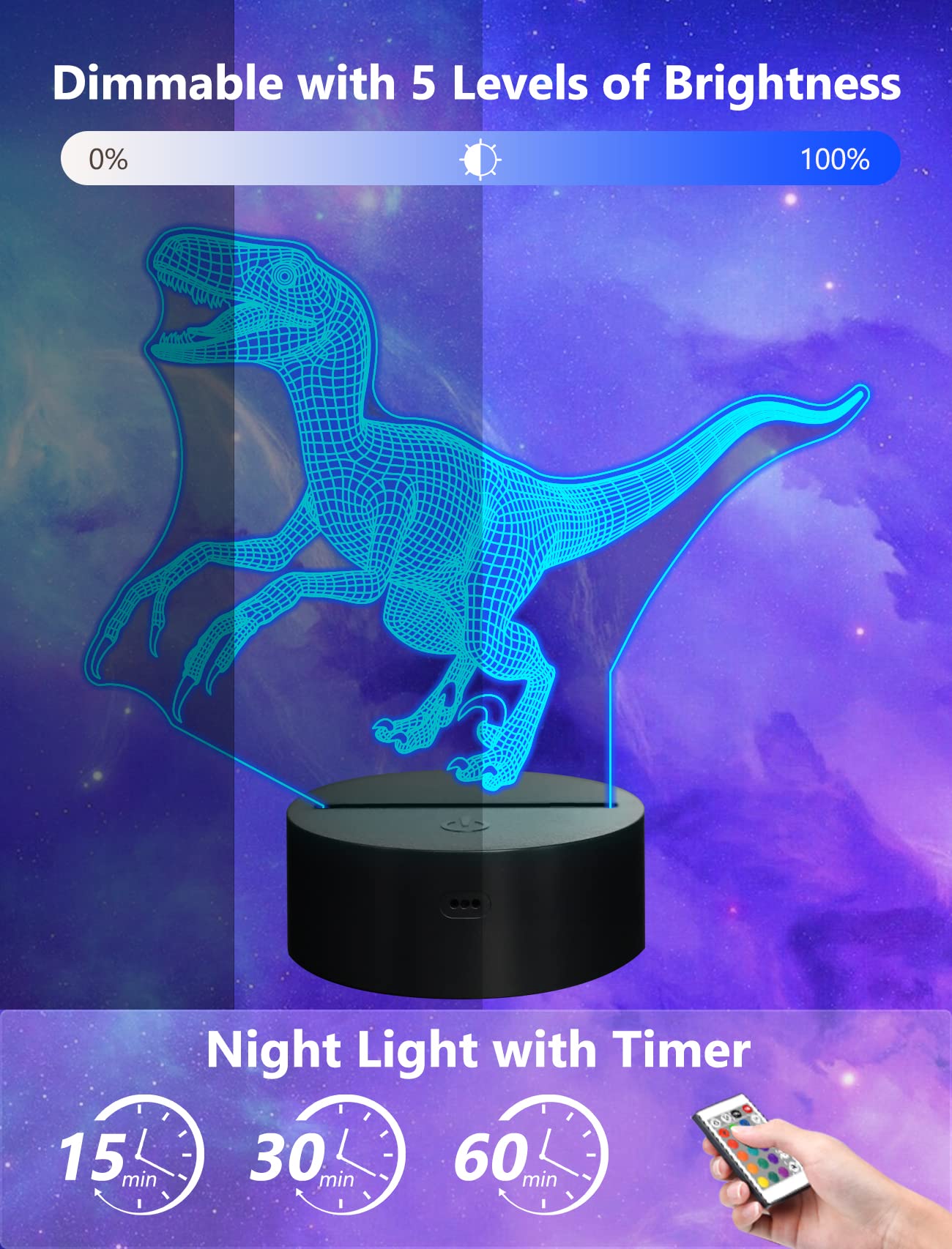 Fullosun 3D Dinosaur Night Light, Velociraptor Blue Lamp With Remote & 16 Color Options For Kids