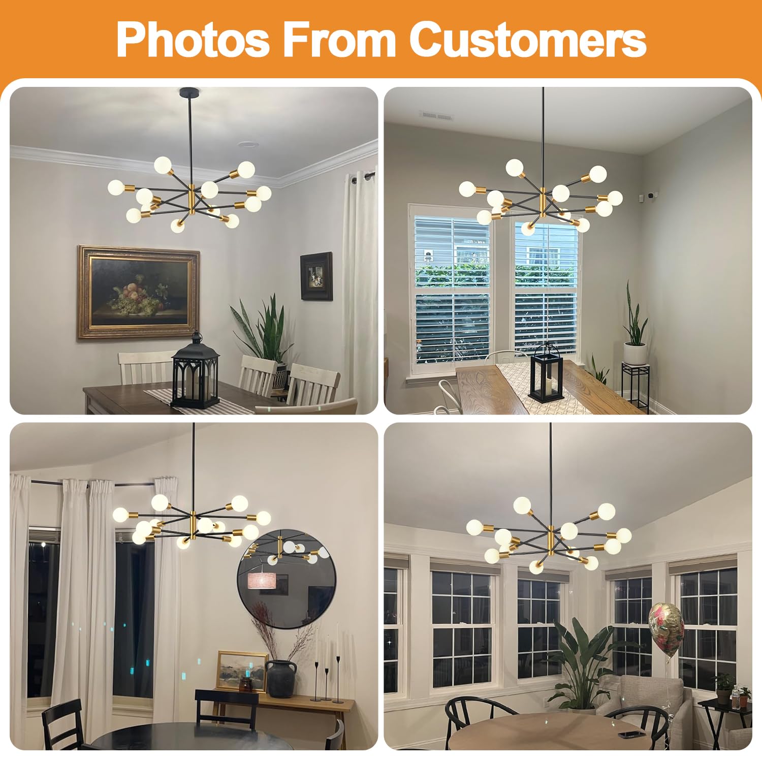 MQMQA 33in Modern Chandelier, 12-Light Sputnik Fixture, Height Adjustable, Black and Gold, Model L240083P12