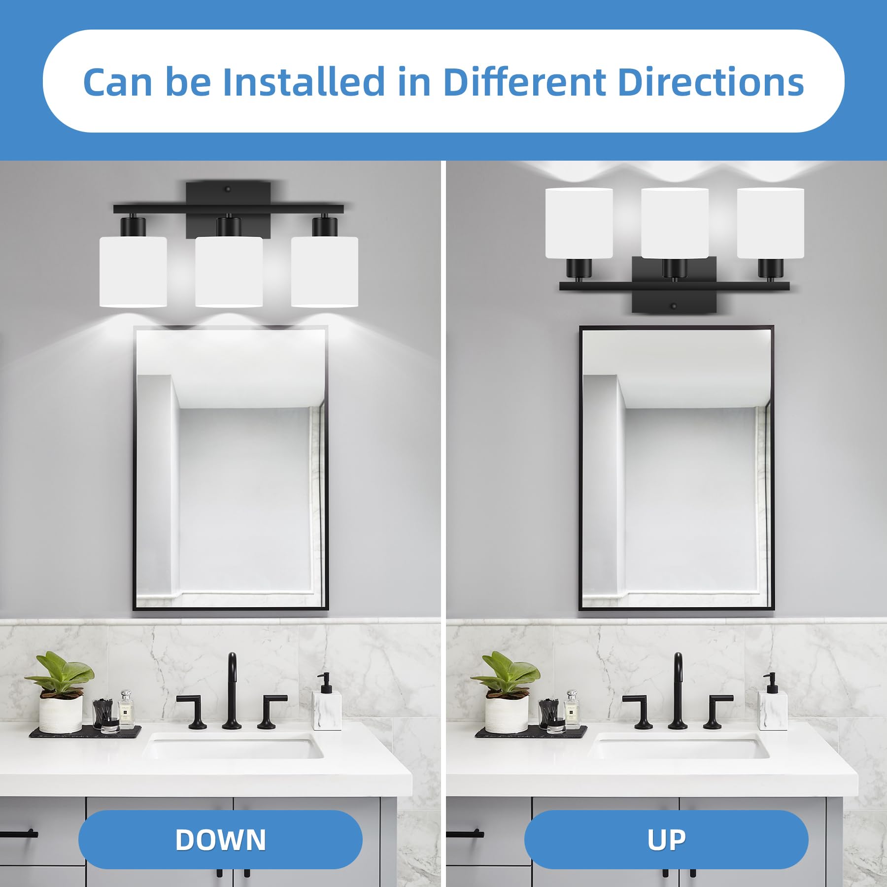 SILAMPDI 3-Light Bathroom Light Fixture, Metal Wall Sconces, Black Finish, Milky White Glass Shades, Model SLD-JQD-B-01