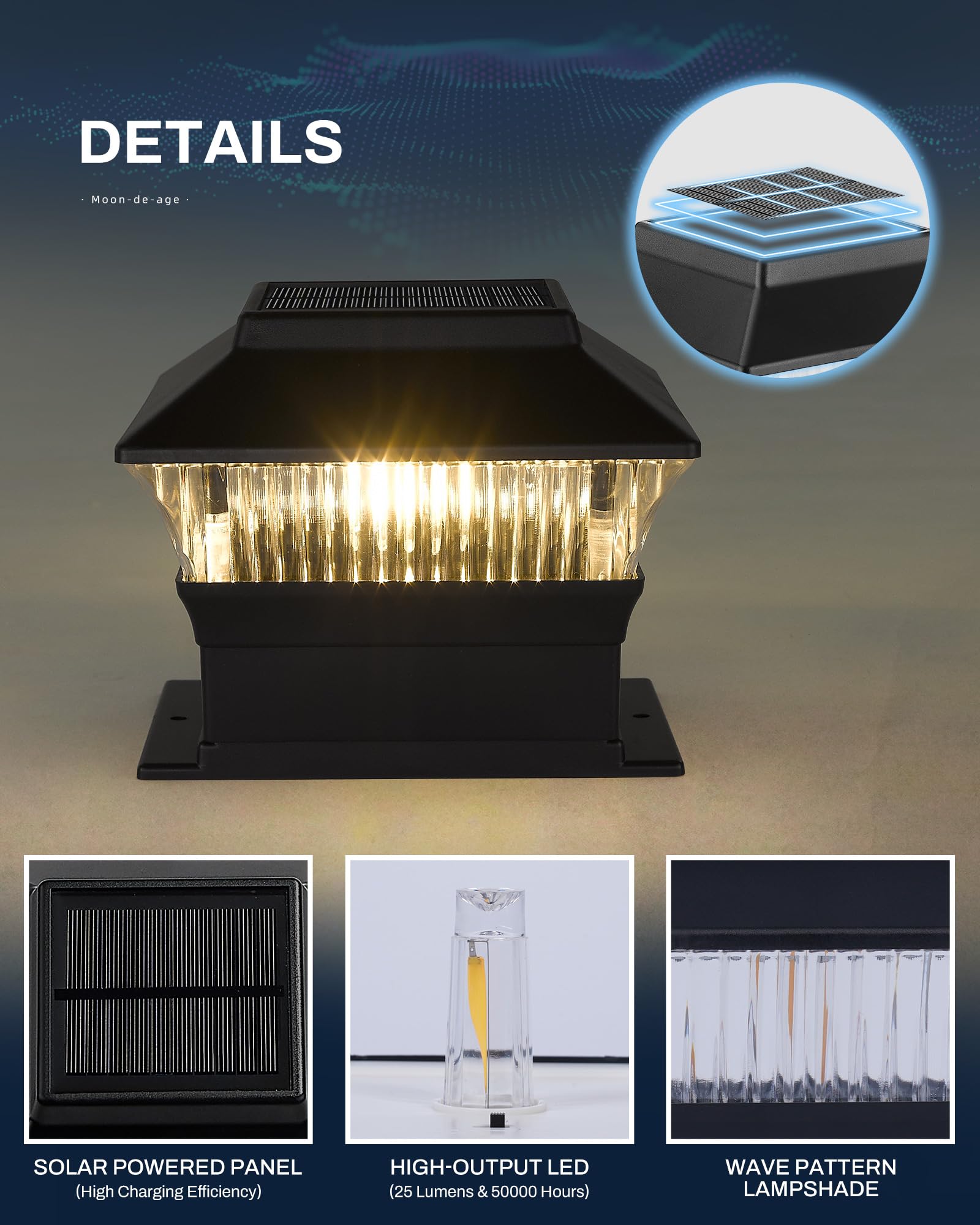 Moon-De-Age Solar Powered Fence Lights, 4X4/4X6 Post Cap, 10 Pack, 25 Lum