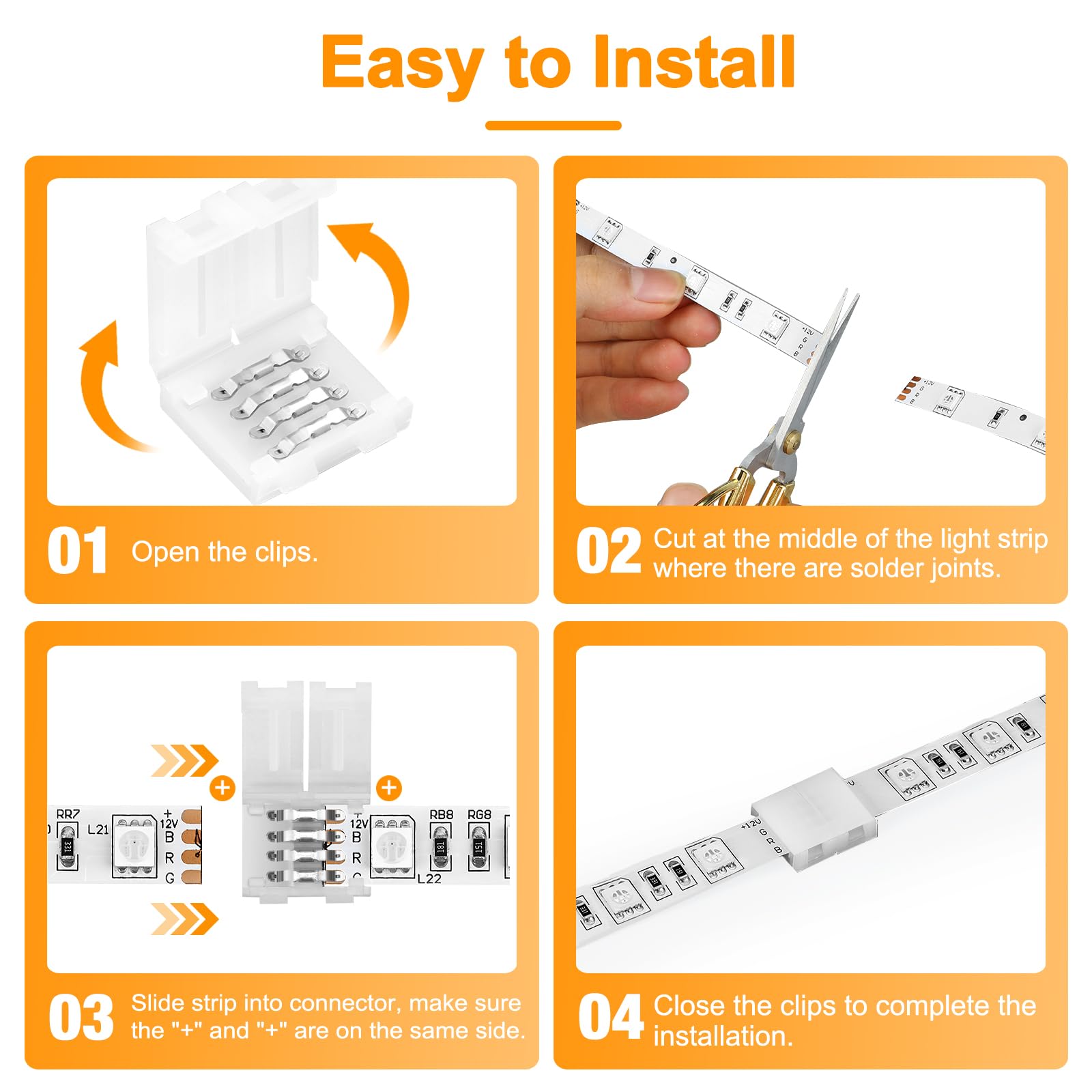 Pmxary 20Pcs 4 Pin Led Strip Connectors For 10Mm Wide Rgb Led Strip Lights, Solderless Unwired Led Light Connectors, Easily Exte