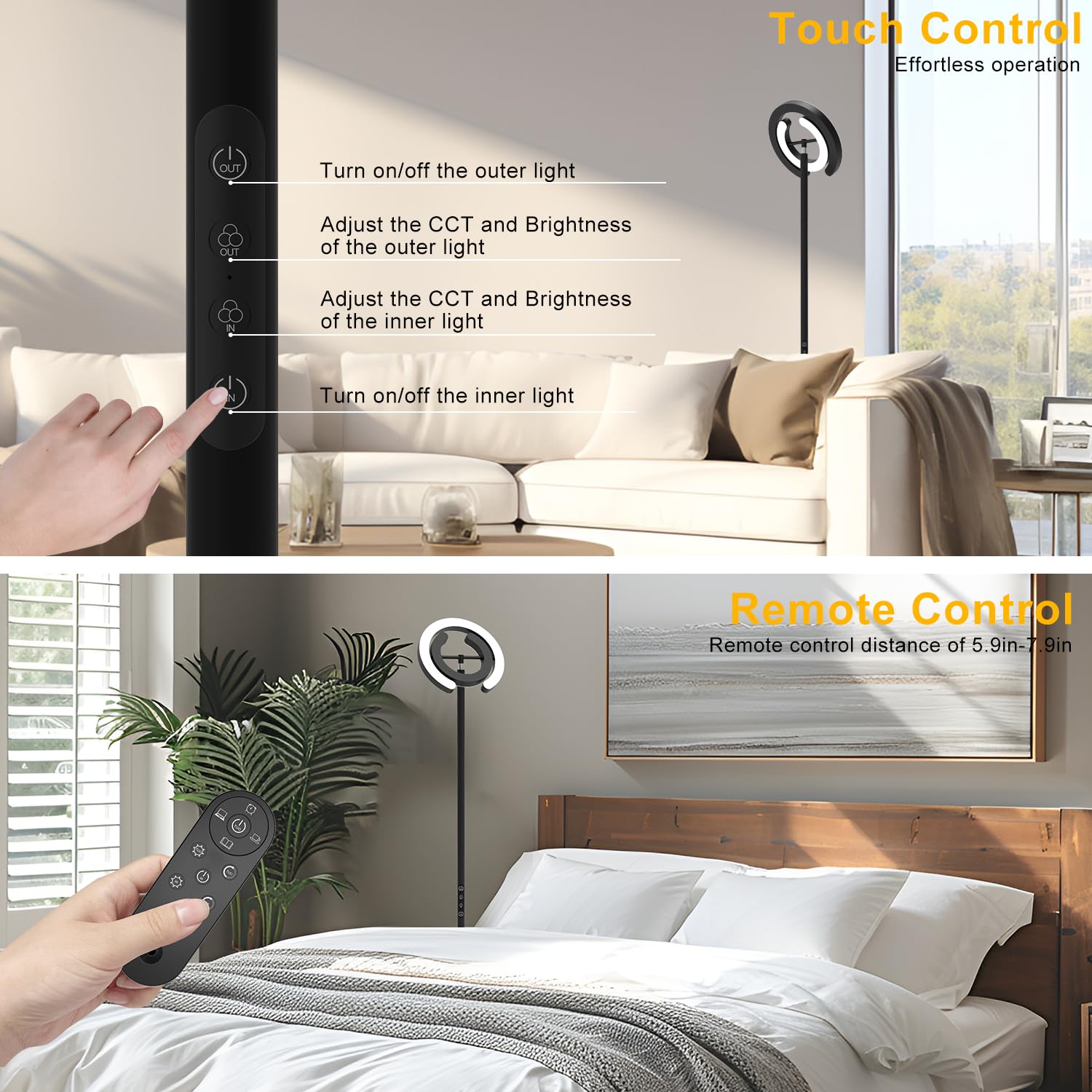 EPABINA 75.5" Floor Lamp with 2 Rotatable Ring Lights, Dimmable LED, Remote Control, Black, Model FDFL02