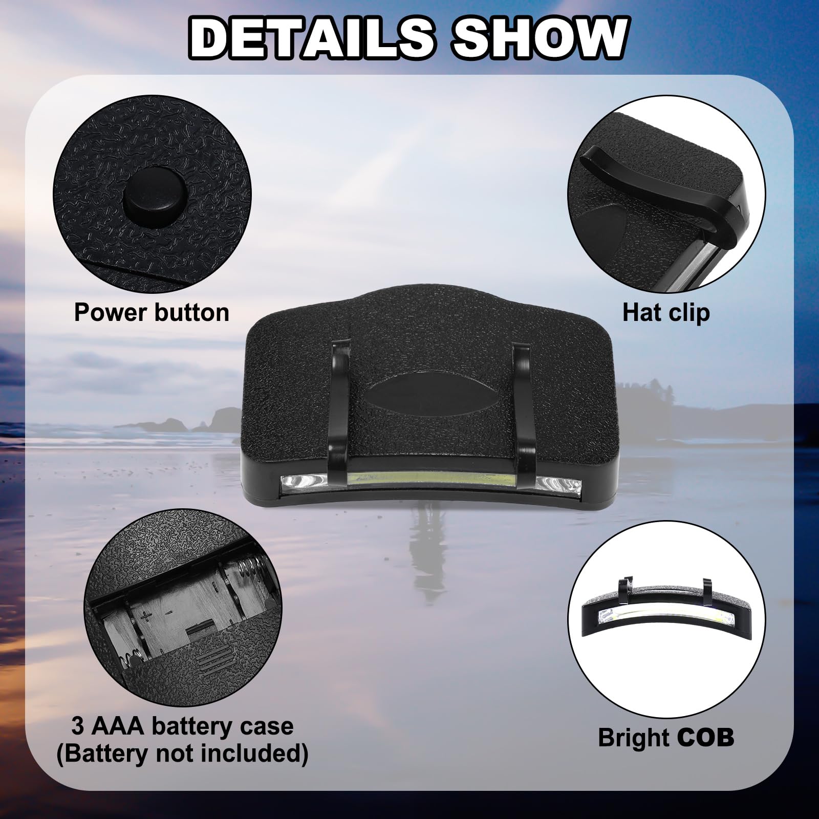 Hortsun 10 Pcs Hat Light Clip COB Cap Lights Clip on Hat Headlamp Battery Powered Cap Brim Lamp Black Waterproof Ultra Bright He