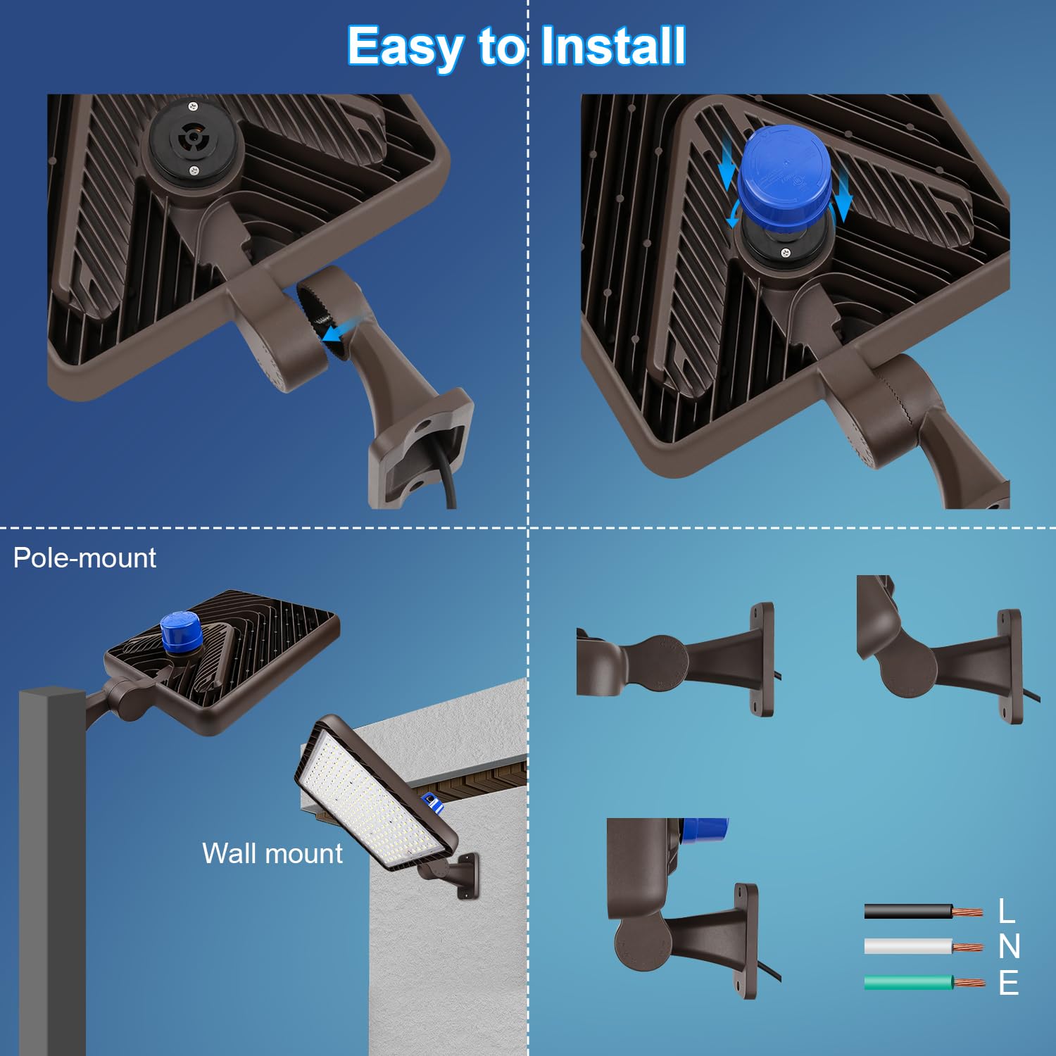 ledmo 480W LED Parking Lot Light, 5000K 72000LM, IP65 Commercial Street Light, Brown, Model EZ1513, Adjustable Bracket