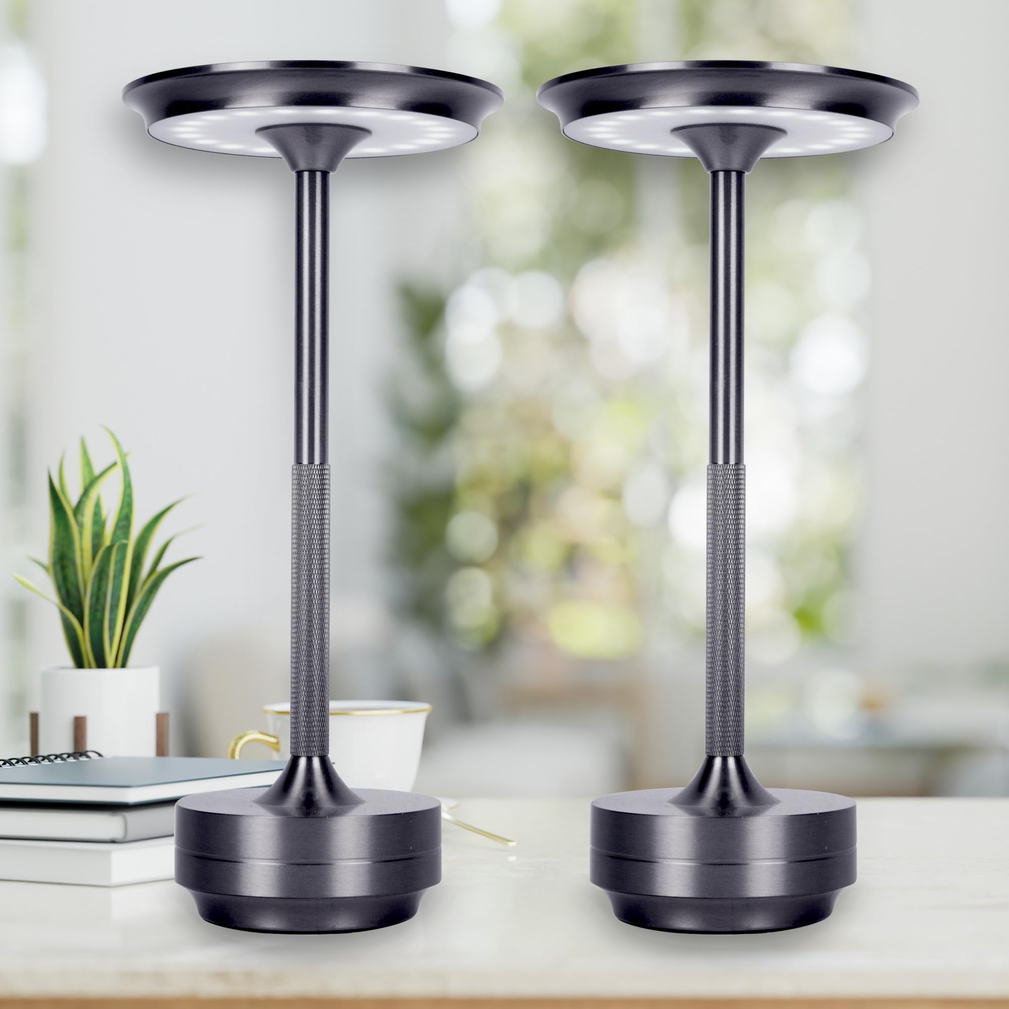 2 Pack Cordless Table Lamps Rechargeable  Portable Battery Operated Lamp  Stepless Dimming LED Table Light with Memory Function  for Outdoor/Dinner/Patio/Restaurant - Launcher Metal