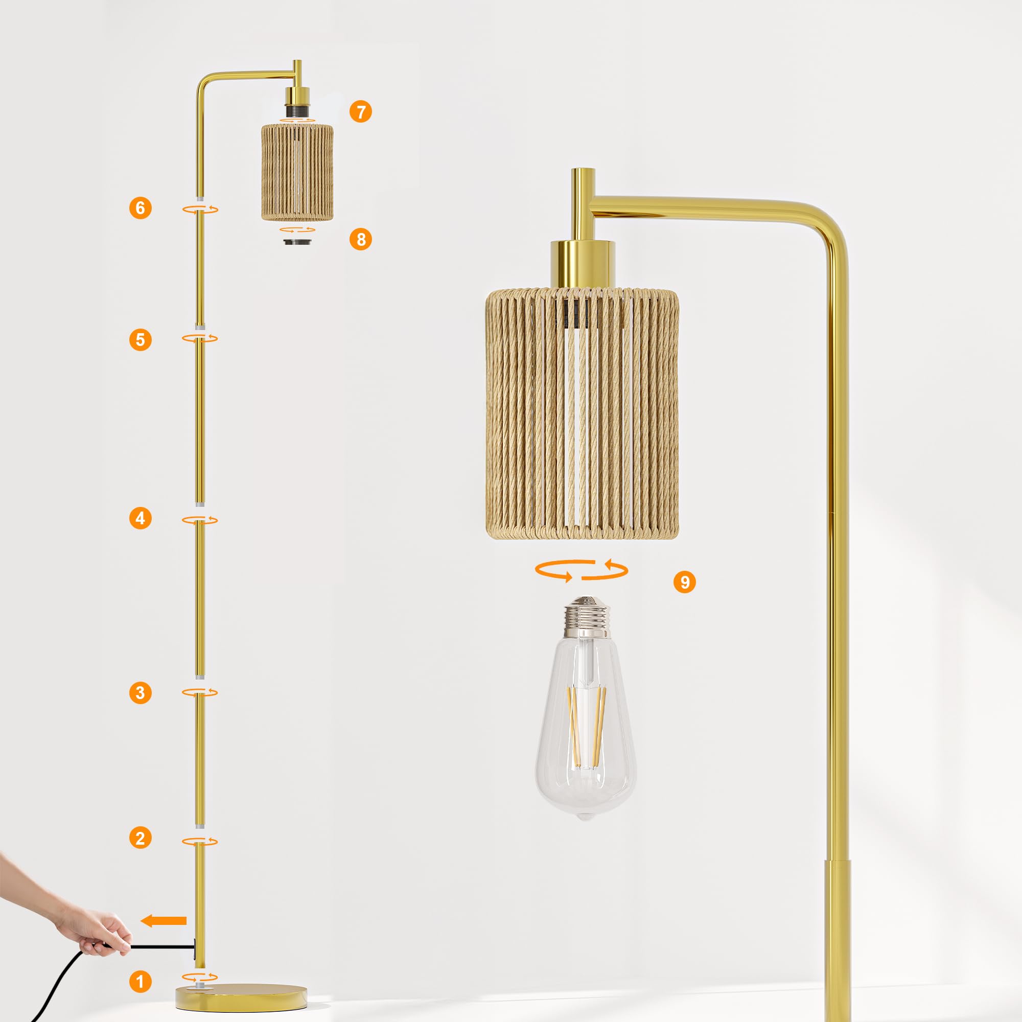 Oneach 66" Gold Floor Lamp, Boho Rattan Shade, Industrial Design, Model MZ-F1222, Perfect for Living Room, Bedroom, Office