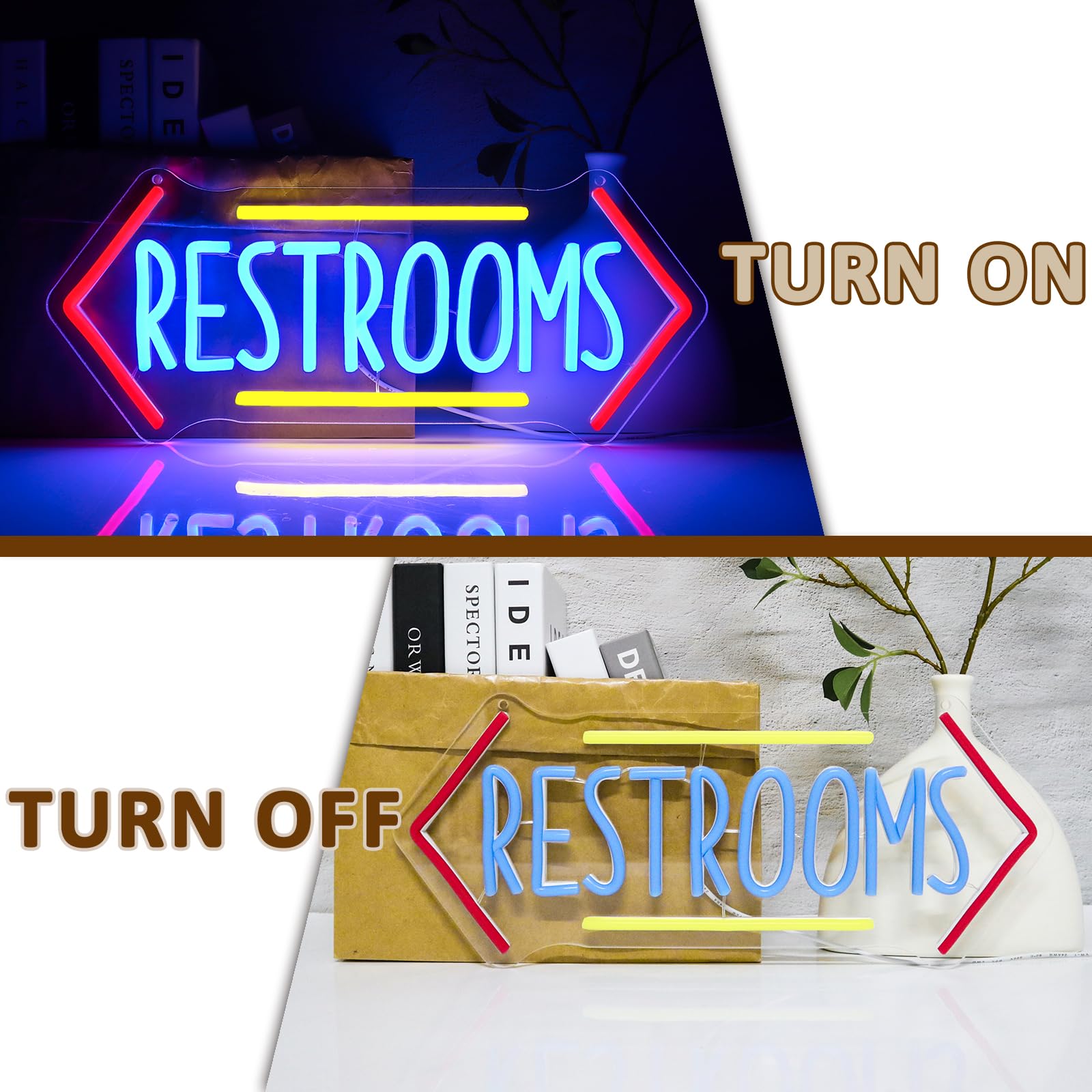 PMCVYH Neon Restroom Sign - LED Wall Decor, USB Dimmable, Acrylic, 16.54 x 6.89 inches, Blue Red Yellow, Model SYL-Restrooms