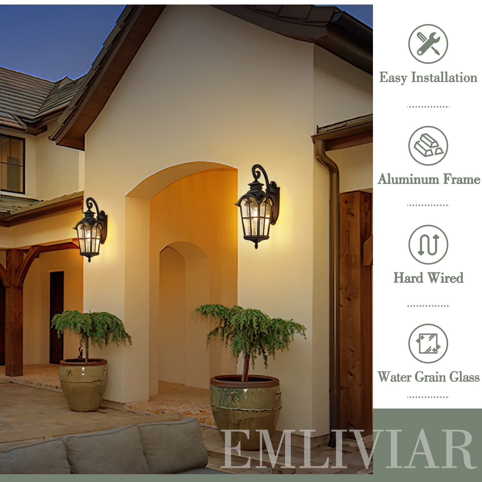 Emliviar 28.7 Inch Farmhouse Wall Light, Large Exterior Wall Sconce For Porch Patio, Water Grain Glass In Black Finish, We215Bl