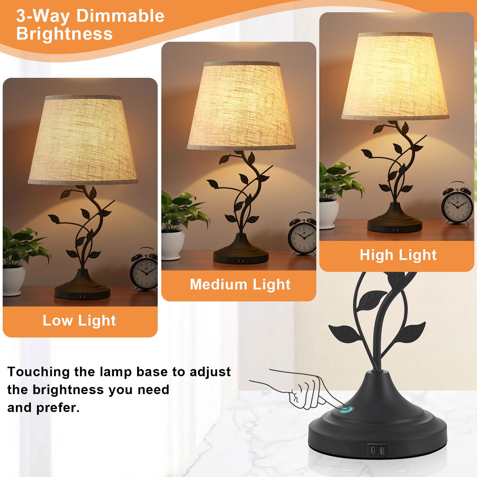 Kakanuo Usb Touch Table Lamp Bedside Lamp With Usb C Charging Ports For Living Room, Beige 3 Way Dimmable Traditional Nightstand