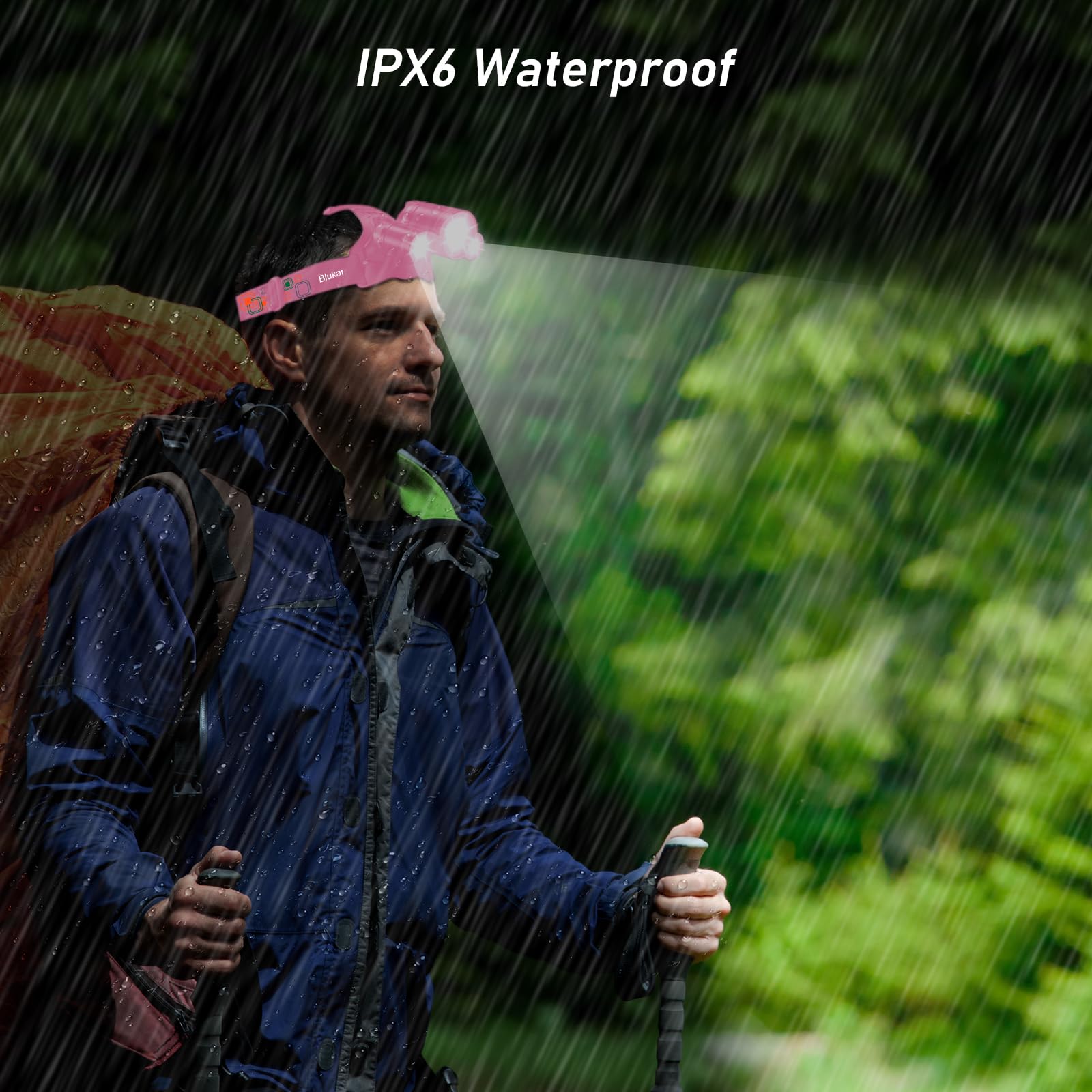 Blukar LED Headlamp K9116 - 8000L Rechargeable Flashlight, 5 Modes, IPX6 Waterproof, Pink