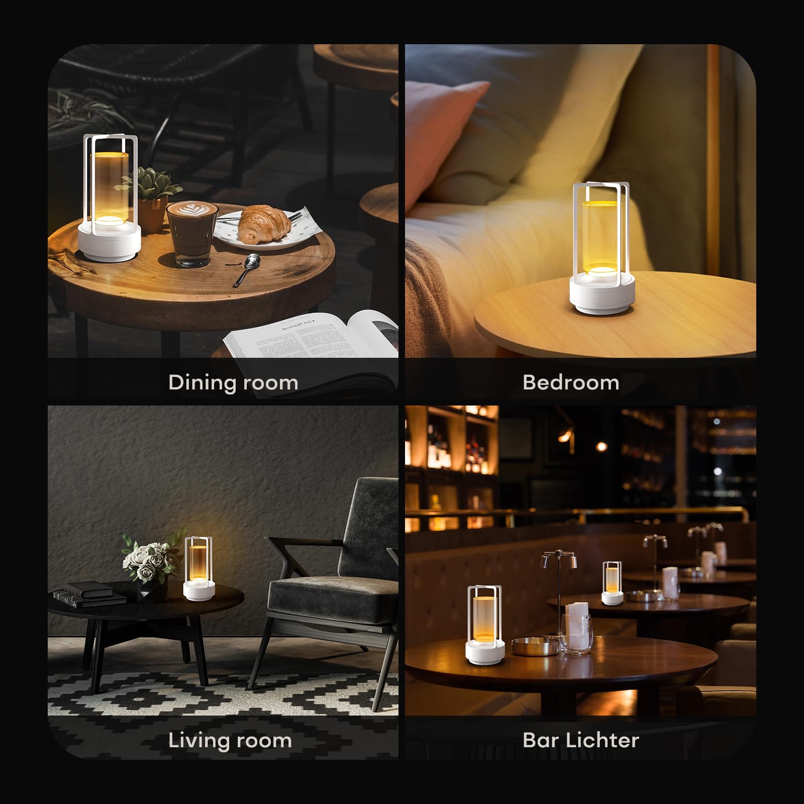 HAPYGI Portable Metal Table Lamp, Rechargeable LED, 3-Colour Dimming, Small Desk Lamp, White Set of 2