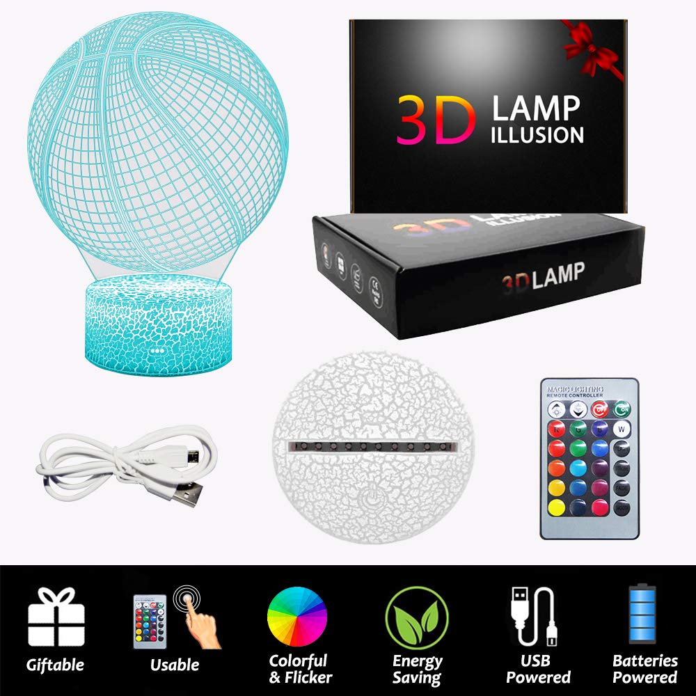 ZoyinGifts Basketball Night Light, 3D Illusion Lamp, Remote Control, RGB Colors, Dimmable, Acrylic, Ideal Gift for Kids and NBA Fans