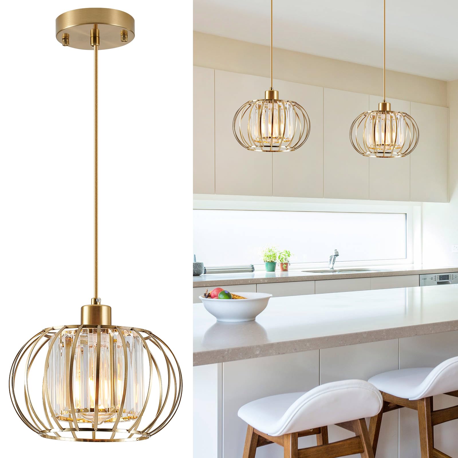 Xsdetu Gold Pendant Light Fixture, Modern Crystal Pendant Lights Kitchen Island, 1-Light Farmhouse Mini Chandelier, Adjustable Brass Hanging Light Fixture For Hallway, Bedroom, Dining Room