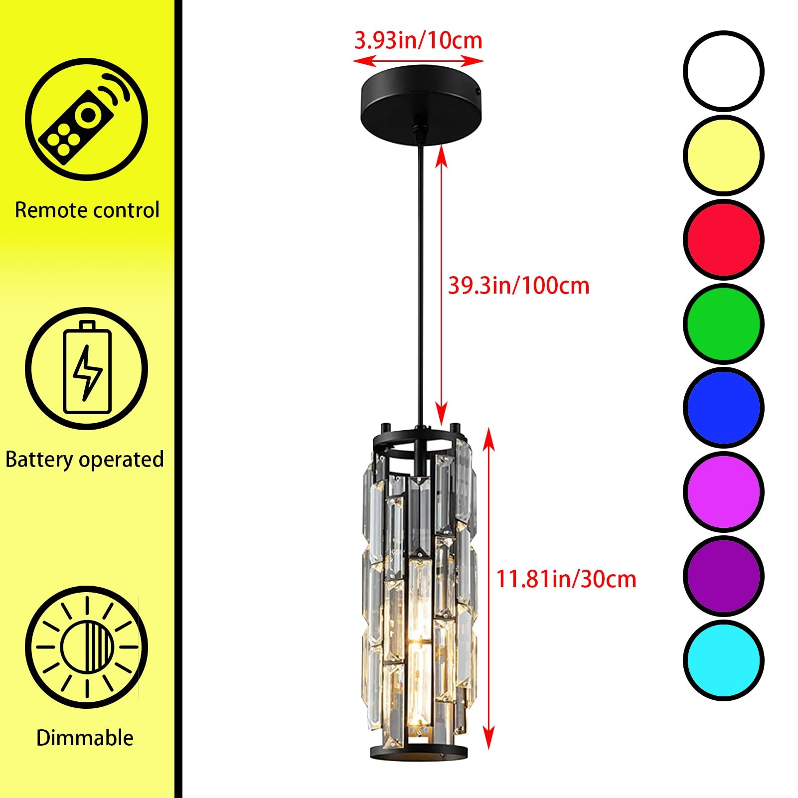 Jengush 1-Pack Battery Operated Pendant Light with Remote Control, 6 RGB Colors, Metal, Black, Model 9132848010635