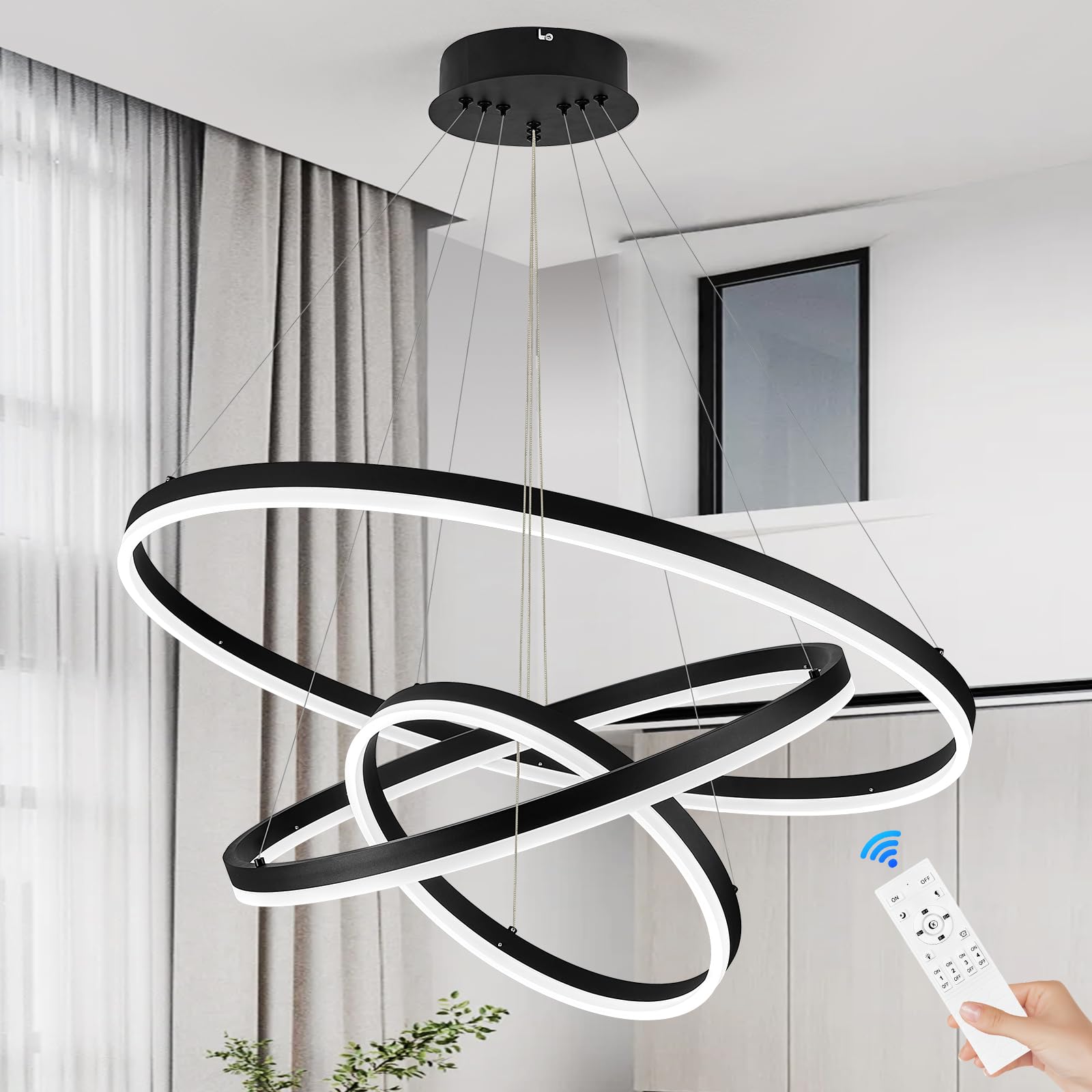 Benkut D31.5 3 Rings Modern LED Chandelier Black Dimmable LED Pendant Light with Remote Control Circular Flush Mount High Ceiling Light for Dining Room Living Room Bedroom Foyer(3000K-6500K  H71)