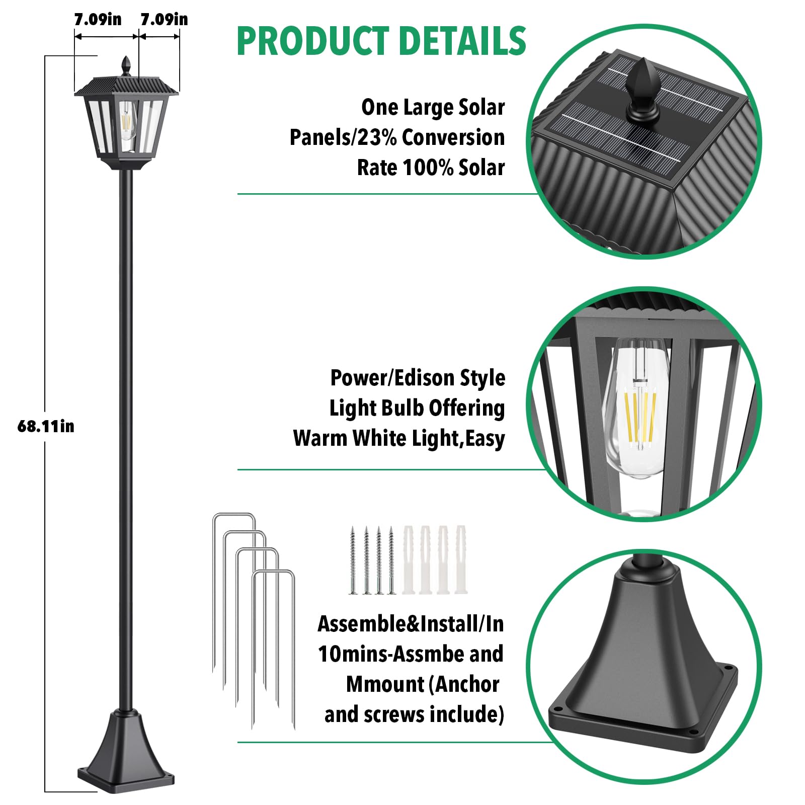 68'' Solar Lamp Post Light Outdoor - 3000K Warm White, Ip45 Waterproof Post Solar Lights Outdoor, Pole Lights Outdoor, Decorativ