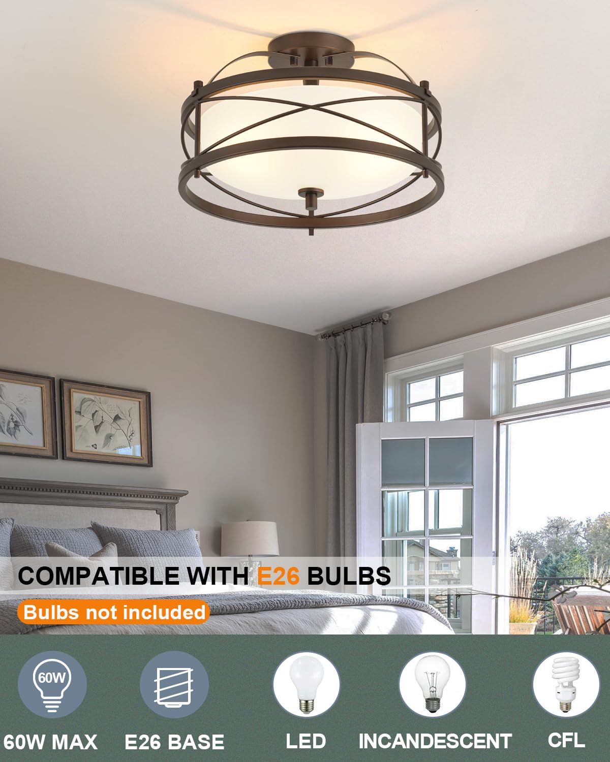 LHLYCLX Entryway Drum Light Fixture, Rustic Semi-Flush Mount, Iron, Old Bronze Finished, Model CL2005-2