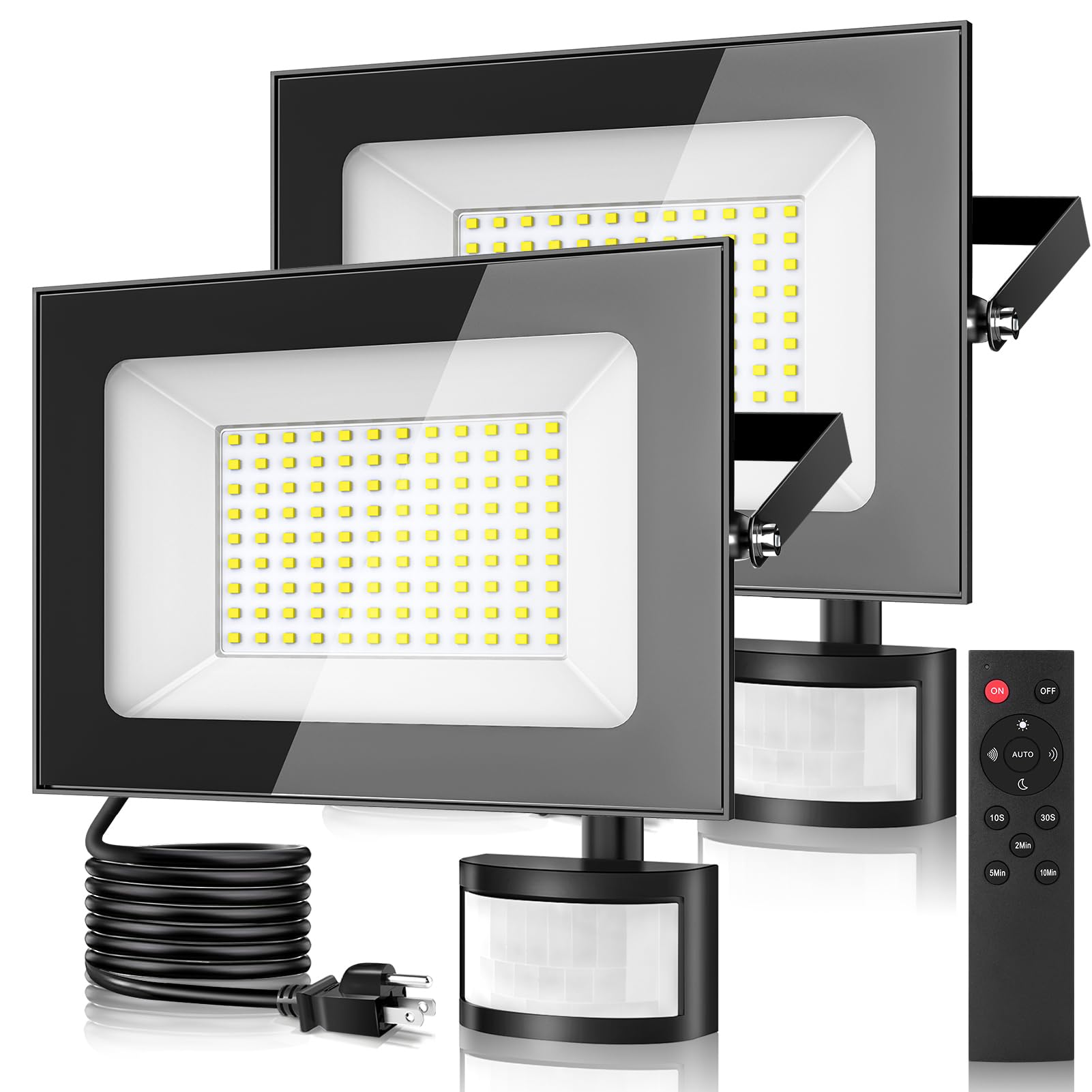 papasbox 100W LED Motion Sensor Flood Light 10000lm 6500K Daylight Ultra Thin 2 Pack IP65 Waterproof with Remote Control
