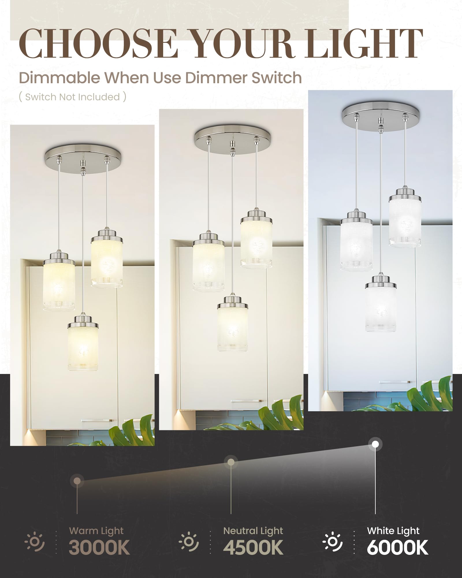 Tengxin 3-Lights Modern Pendant Light With Glass Shade Brushed Nickel Pendant Lighting Adjustable Industrial Retro Style Hanging