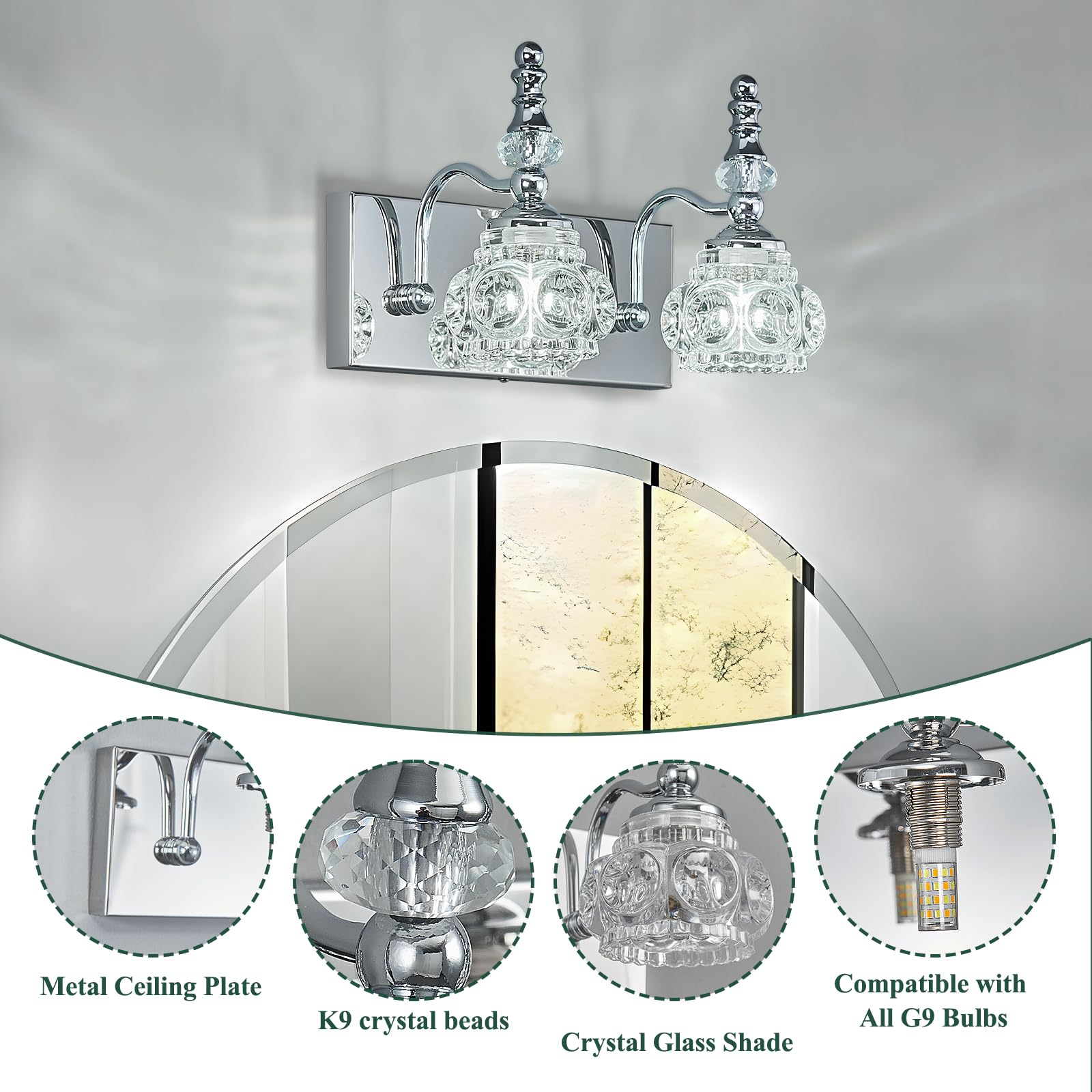 Lbsqj Modern Glass Crystal Vanity Light - Vintage Bathroom Lighting Fixtures Over Mirror  2 Light Vanity Lights G9 Bulb (11.81 Inch  Chrome)