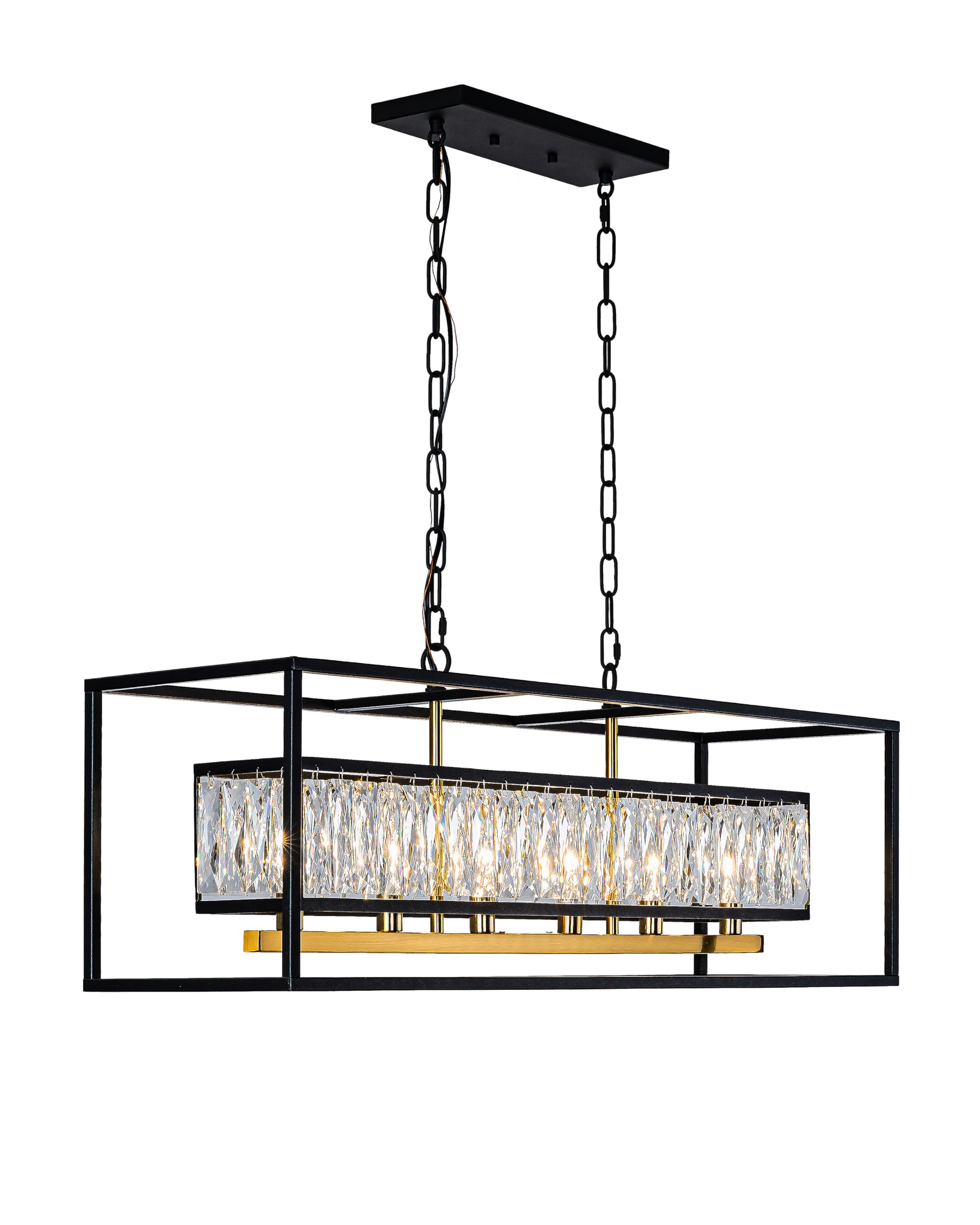Vezzio Modern Farmhouse 6-Light Crystal Chandelier, Black & Satin Brass, Rectangular Pendant Light for Dining Room and Kitchen Island