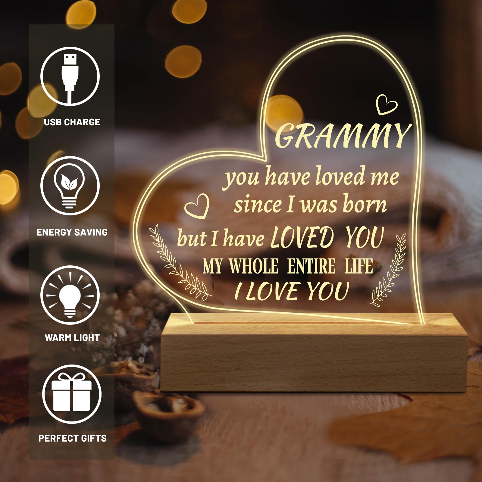 Hiipeenow Grammy Gift Ideas, Acrylic Engraved Night Light 15 * 19Cm Presents, Valentines Day Birthday Christmas Mothers Day Gift