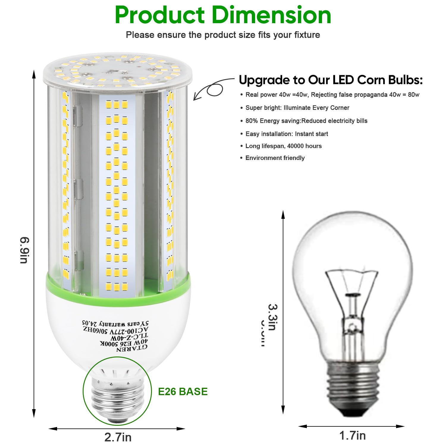 40W Led Corn Cob Bulb  400W Equivalent  5000K Daylight  E26/E39 Base  5600 Lumens - Replace Halogen/Metal Halide  For Barn  Shop  Porch  Yard  Garage Lighting