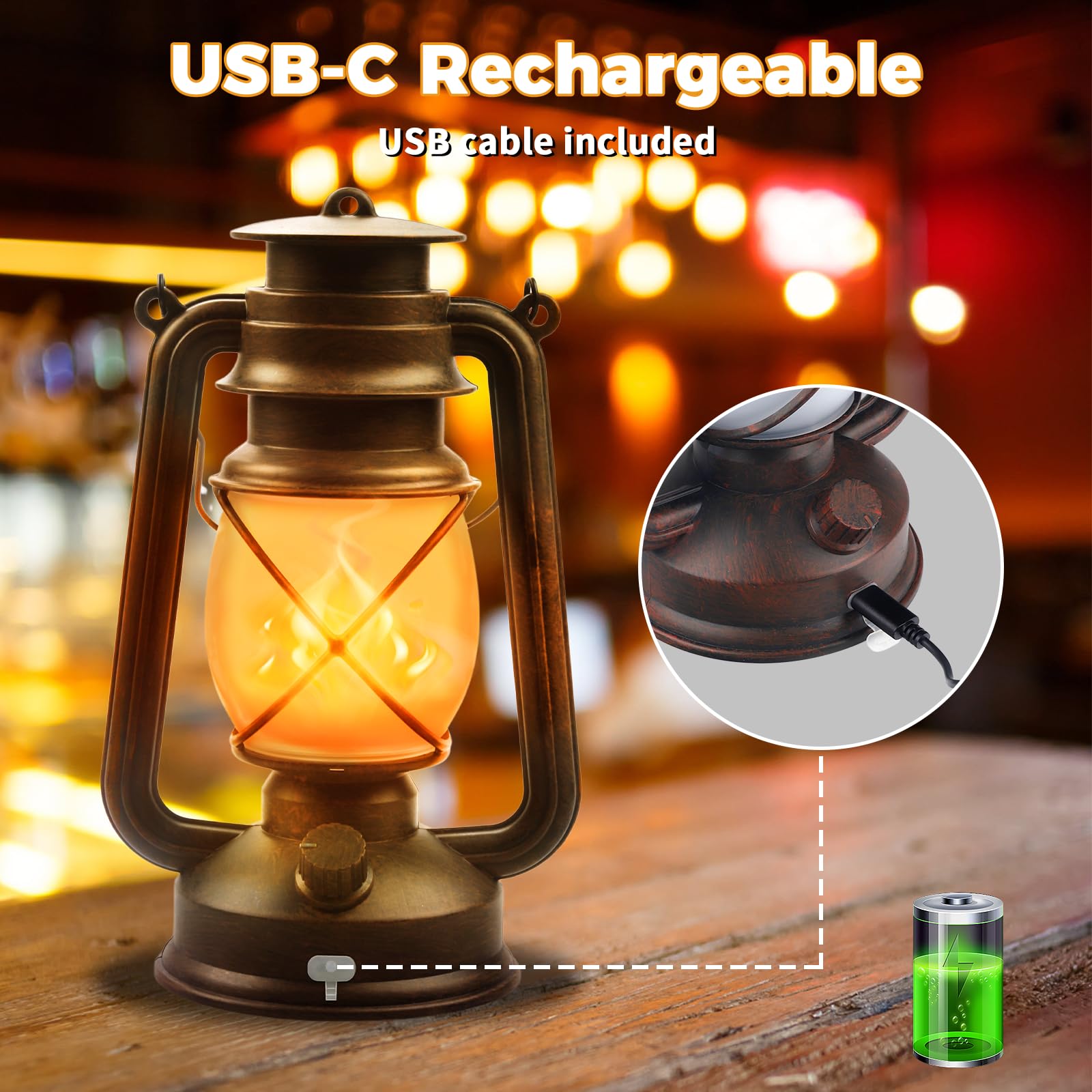 Wondrastical 2 Pack Bronze Vintage 4 Modes Light Led Lanterns,Rechargeable Dancing Flame Lanterns Decorative Outdoor&Indoor, Rem