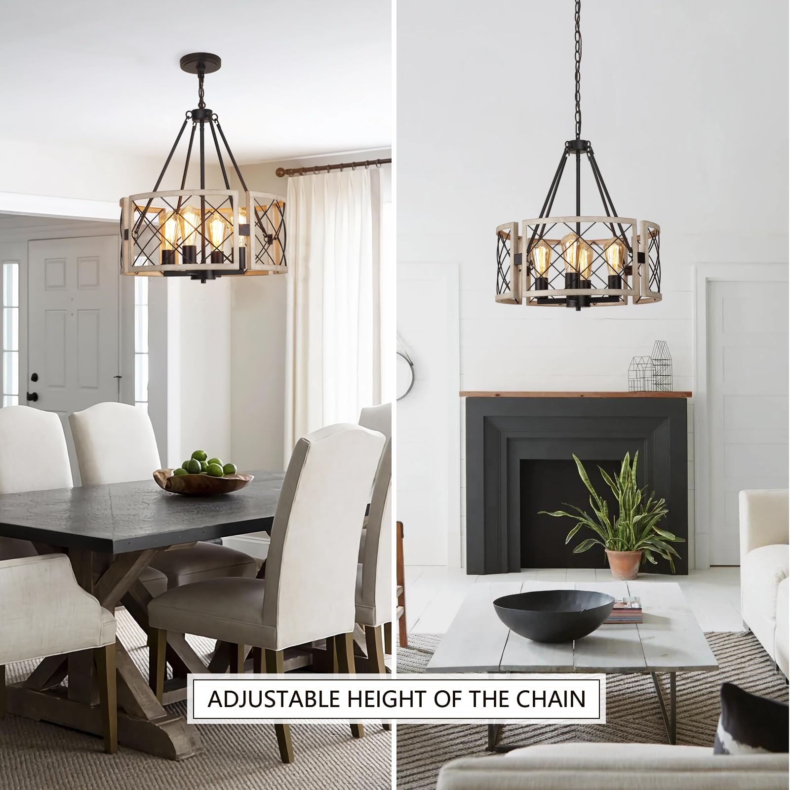 SANTOSTOCK D19'' Farmhouse Chandelier, 4-Light Rustic Light Fixture, Black & White Oak, Adjustable for Dining Room, Entryway, Bedroom