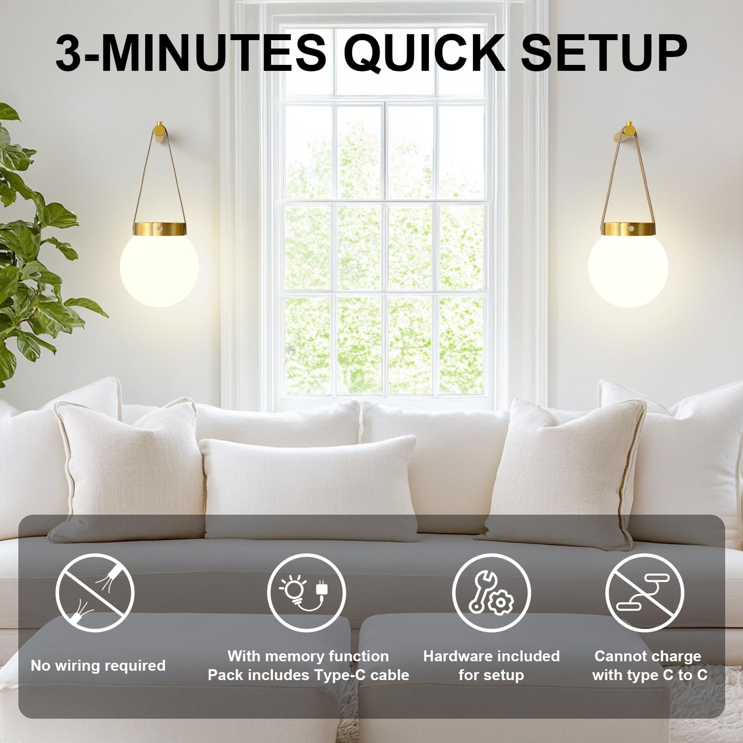 Battery Operated Wall Sconces Set Of 2, Gold Wireless Globe Wall Lights With Remote Control Warm/Natural/Daylight/Rgb 15 Colors