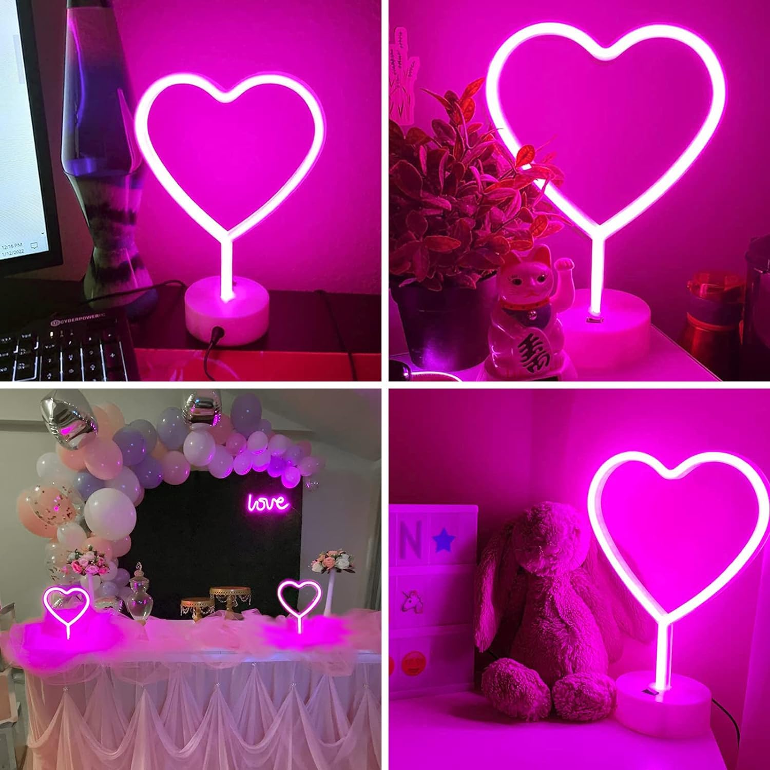 BHCLIGHT Pink Heart Neon Sign, LED Light, Battery or USB Powered, Table Decor for Room, Dorm, Wedding, Anniversary, 1PK