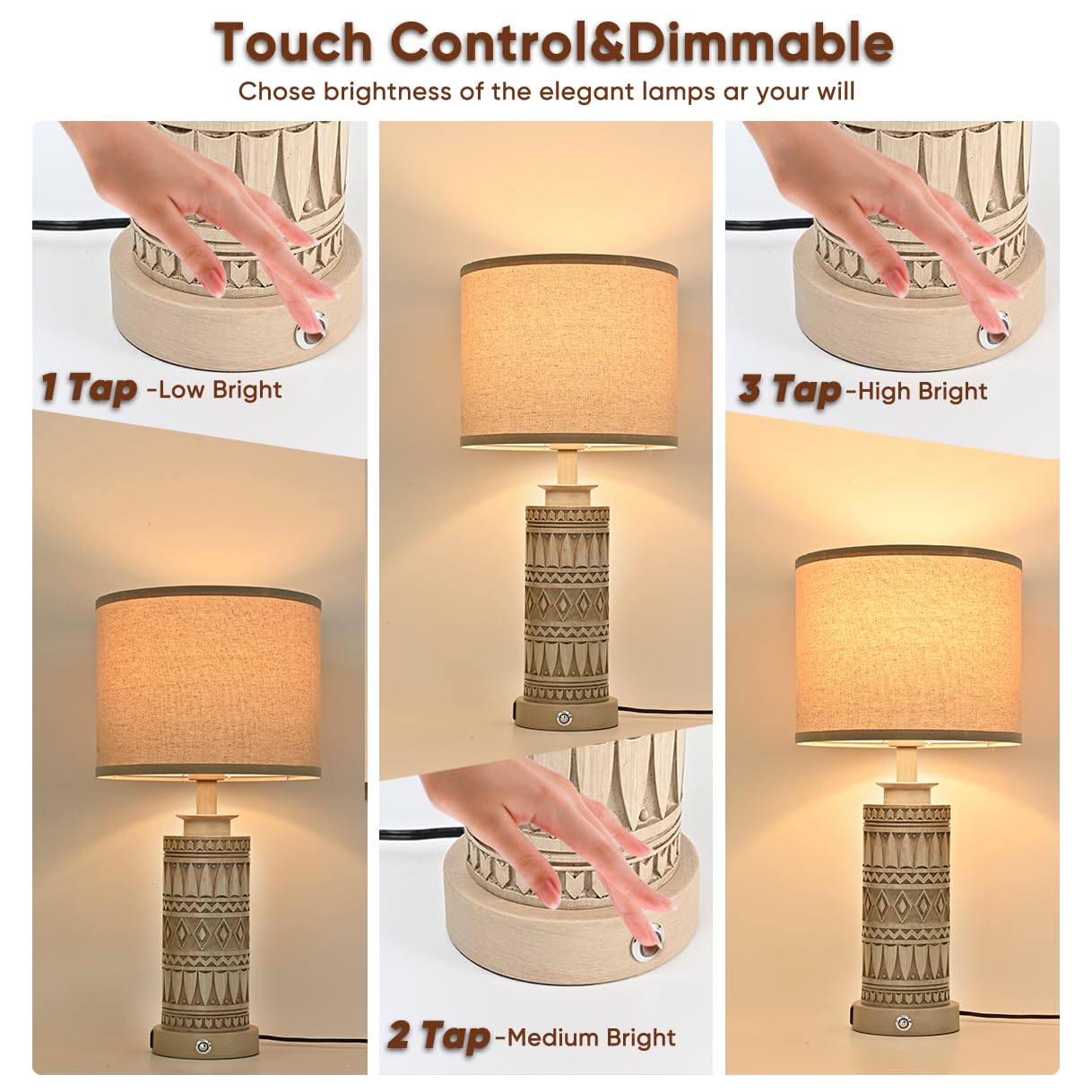 23In Table Lamps For Living Room Set Of 2 End Table Lamps Touch Control Table Lamp Dimmable Bedside Lamps Usb A+C Ports Farmhous