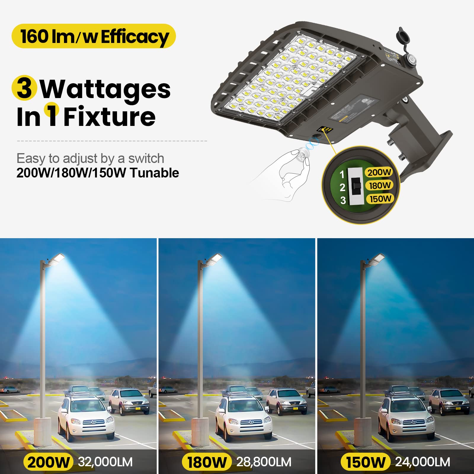 Yarbo 200W Led Parking Lot Light 180W 150W Tunable, 32000Lm (160Lm/W) 5000K Parking Lot Light, Dimmable Led Shoebox Lights With