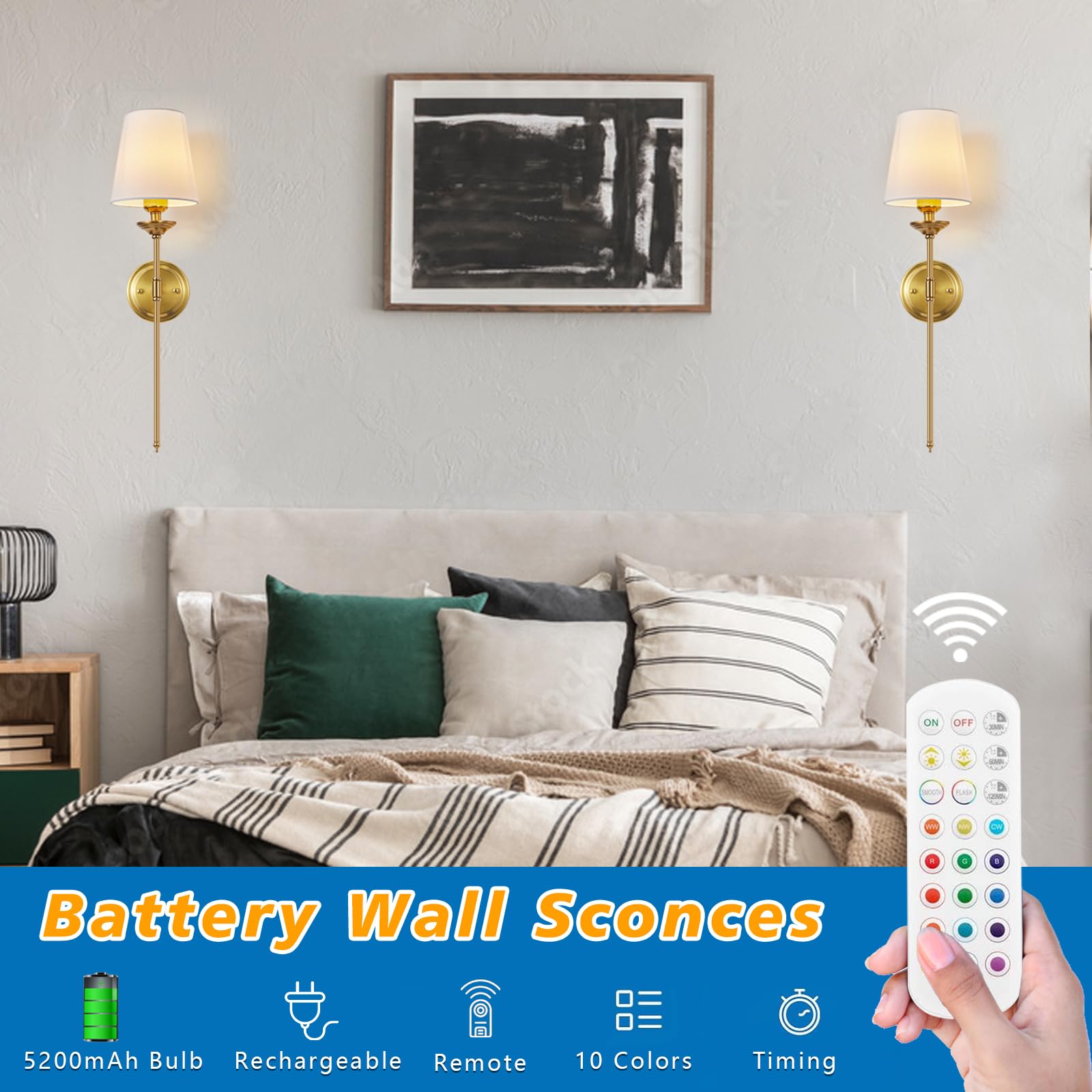 Femusytt Battery Operated Wall Sconces Set Of 2, Rechargeable Cordless Wall Light With Remote And Fabric Shade, 10 Colors Modes