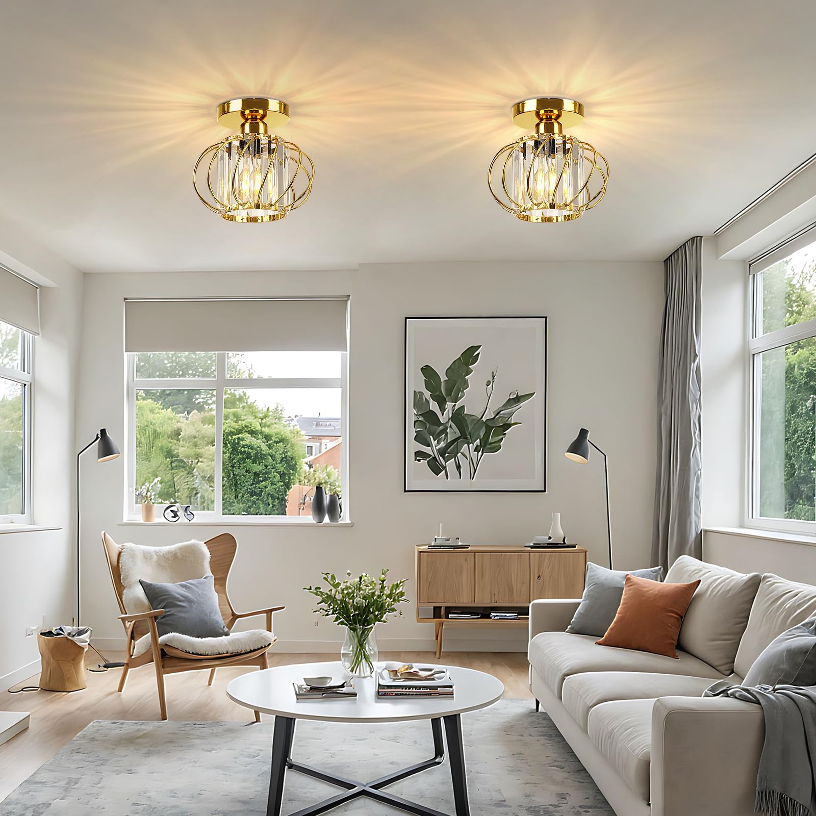 Frideko Home 2 Pack Crystal Ceiling Light Fixture - Modern Semi Flush Mount Ceiling Light Mini Crystal Chandelier Hallway Light